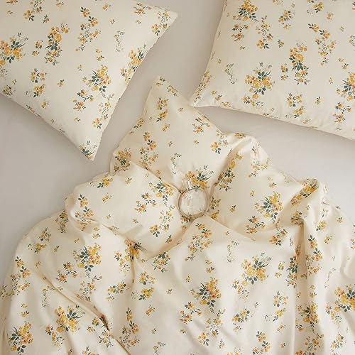 Miniatura 9 de VClife Juego de funda de edredón color crema tamaño Queen  Juego de ropa de cama de algodón suave con estampado floral amarillo, cierre de