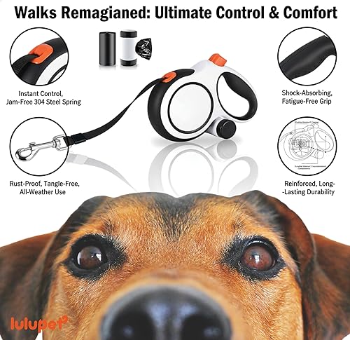 Miniatura 8 de Correa retráctil para perro de 26 pies con dispensador y bolsas para excrementos, correa resistente para perros pequeños, medianos y grandes de