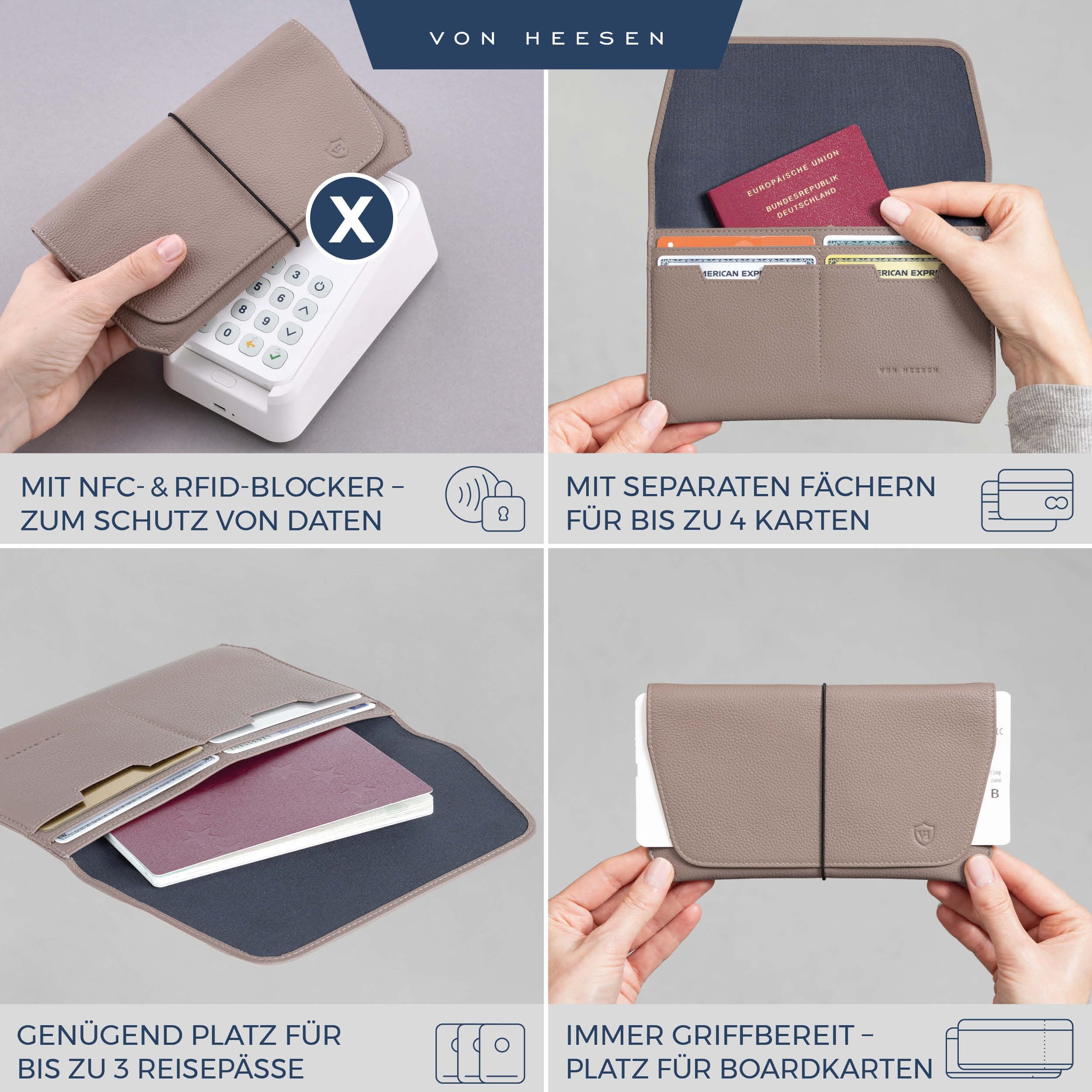 VON HEESEN Funda para pasaporte, pardo, talla única, Horizontal