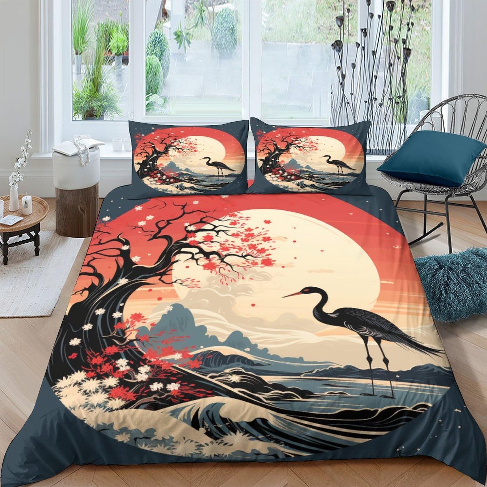 Housse de couette grue japonaise 3 pièces 200x200 avec motif soleil rouge et taies en microfibre
