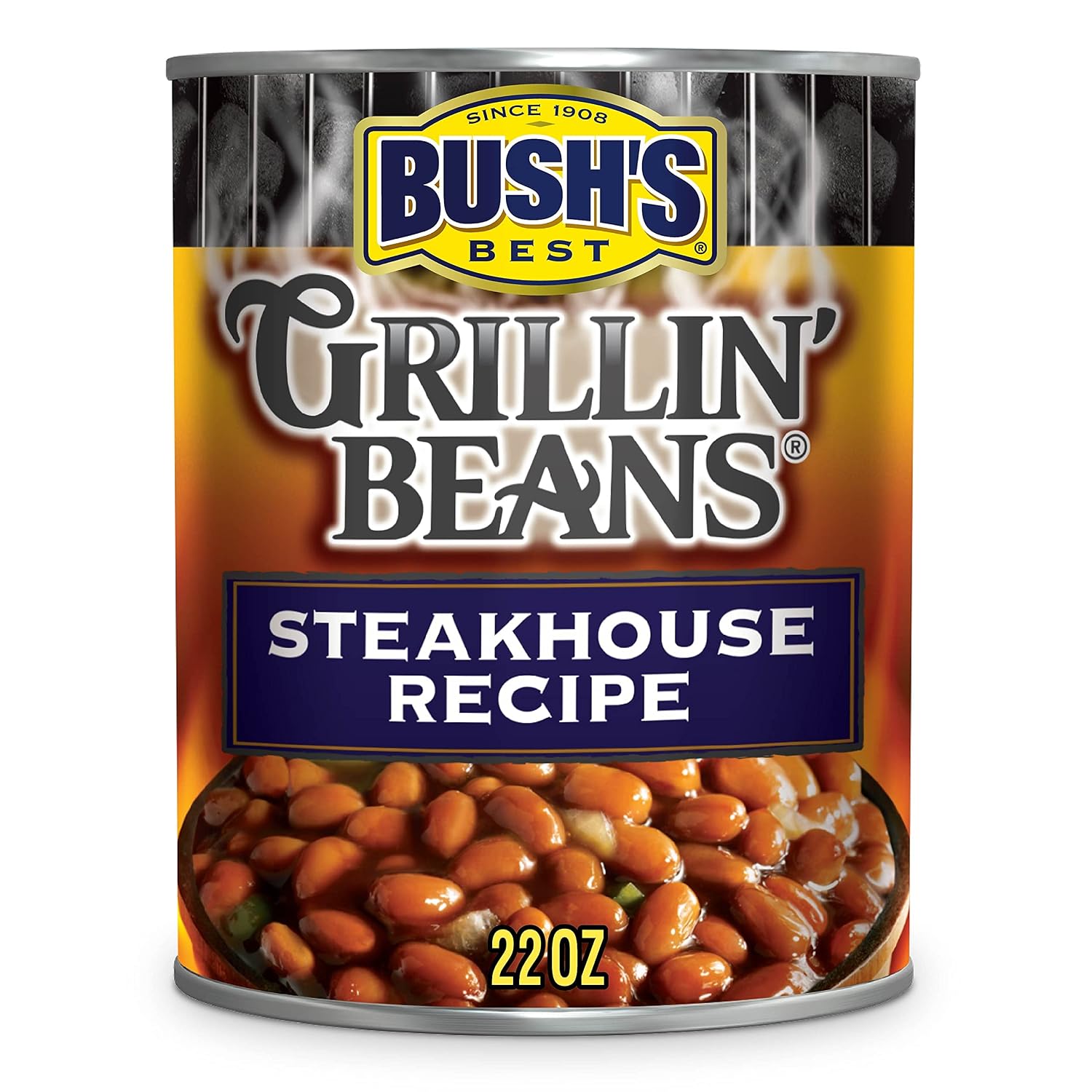 BUSH'S BEST Steakhouse Recipe Grillin' Beans, 22 Ounce, Canned Beans, Beans Canned, Source of Plant Based Protein and Fiber, Low Fat, Gluten Free