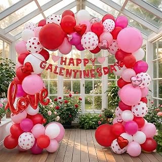Valentines Day balloon garland arch kit with Banner red Hot pink and love lip heart balloons for galentines Day Proposal decorations Hotel Room Surprise