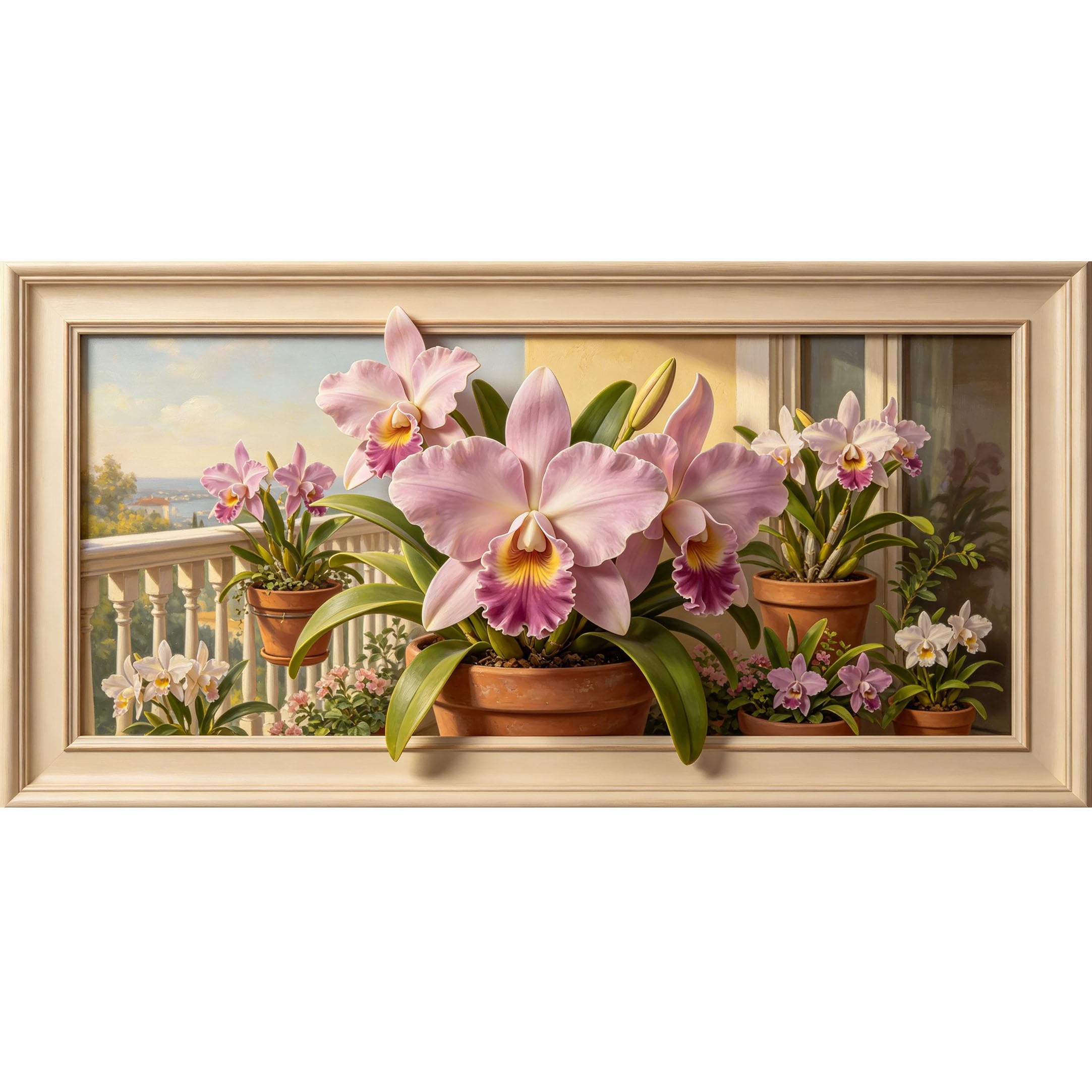 Agglomerix 3D Framed Wall Art Orchid Balcony View Botanical Oil Painting Large Size Self-Adhesive Removable Wall Decor Prints Artwork for Living Room Bedroom Office