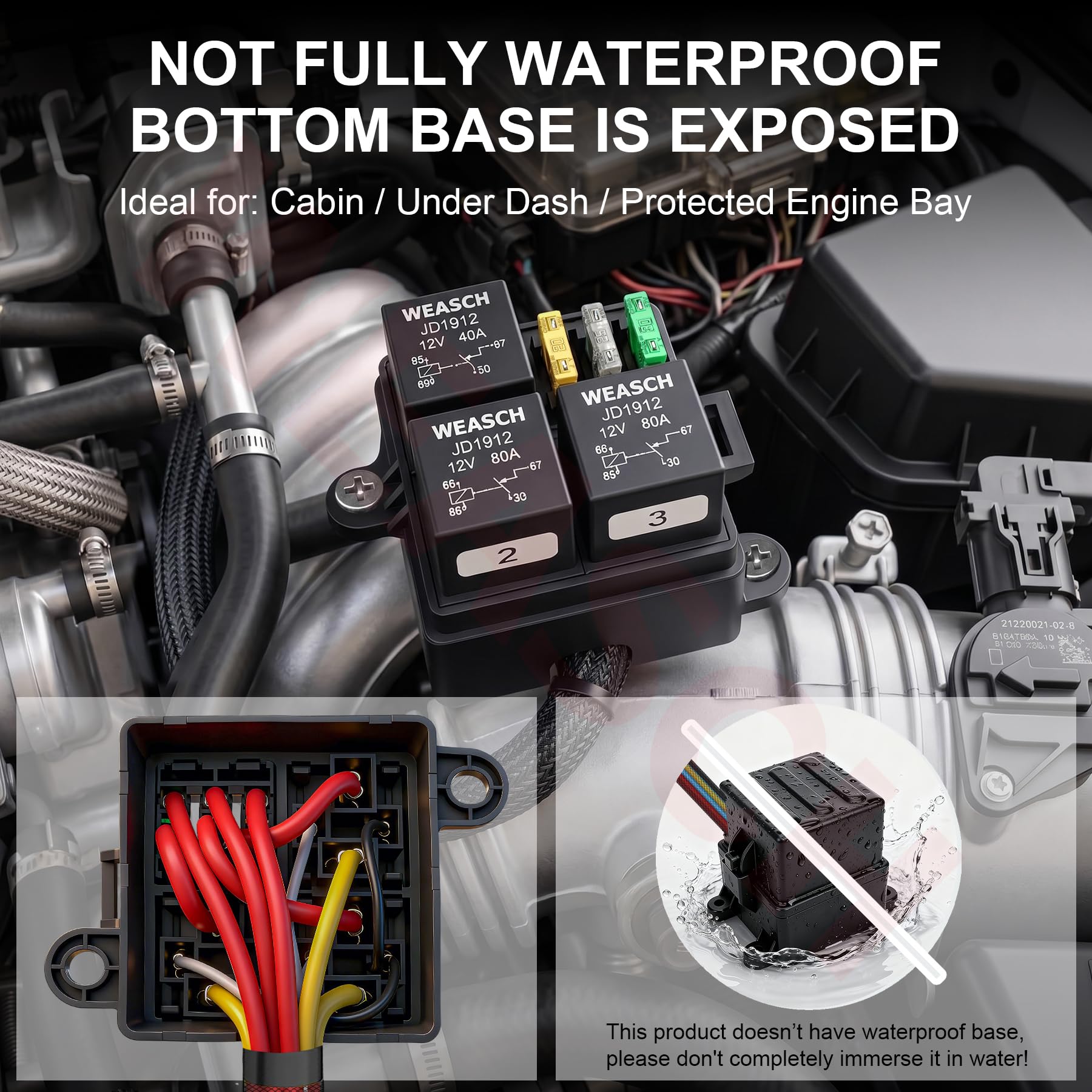 12V 3-moduli precablato scatola relè di sicurezza, 3 relè e 3 fusibili a lama ATC/ATO, blocco e kit relè 80A a 4 poli, per auto, camion e Jeep