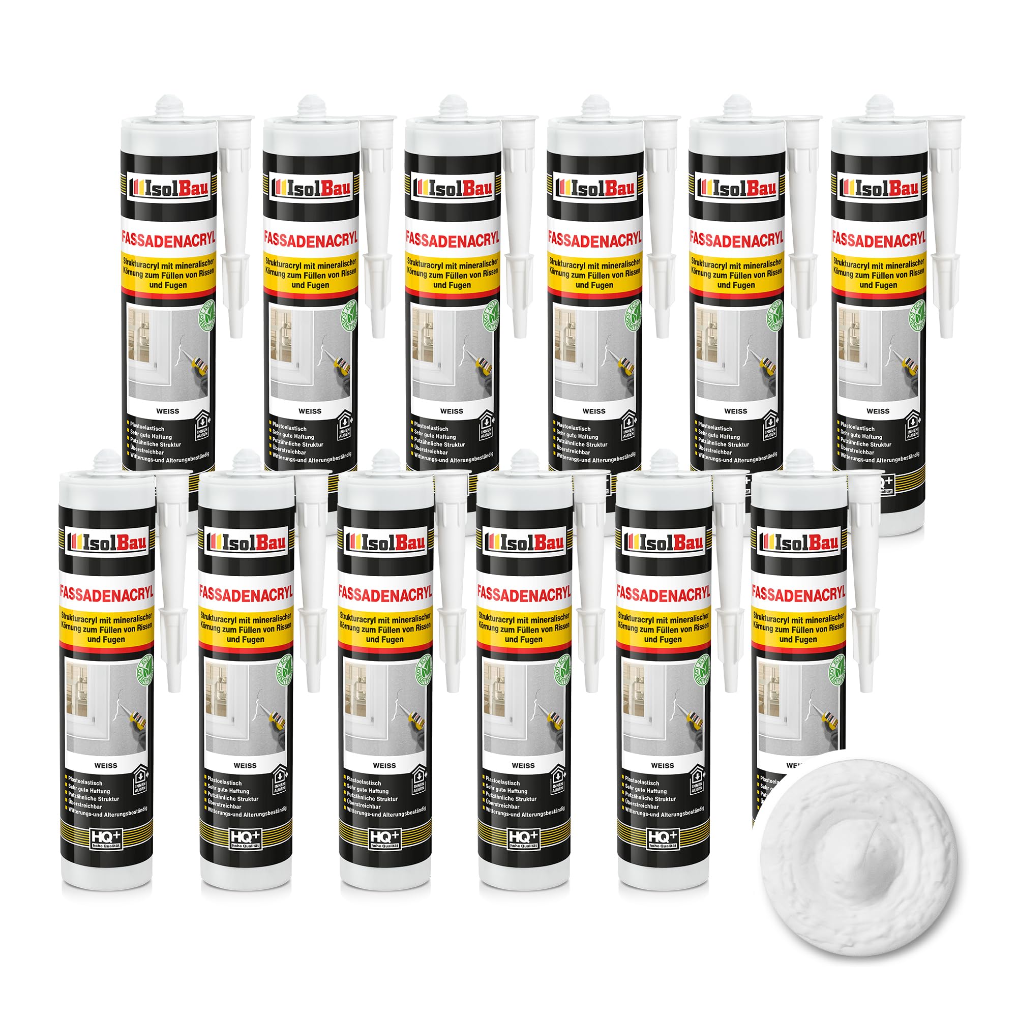 Isolbau Mastic acrylique pour façades - Avec grain - Pour combler les fissures et joints en intérieur et en extérieur - Blanc - 12 cartouches de 300 ml