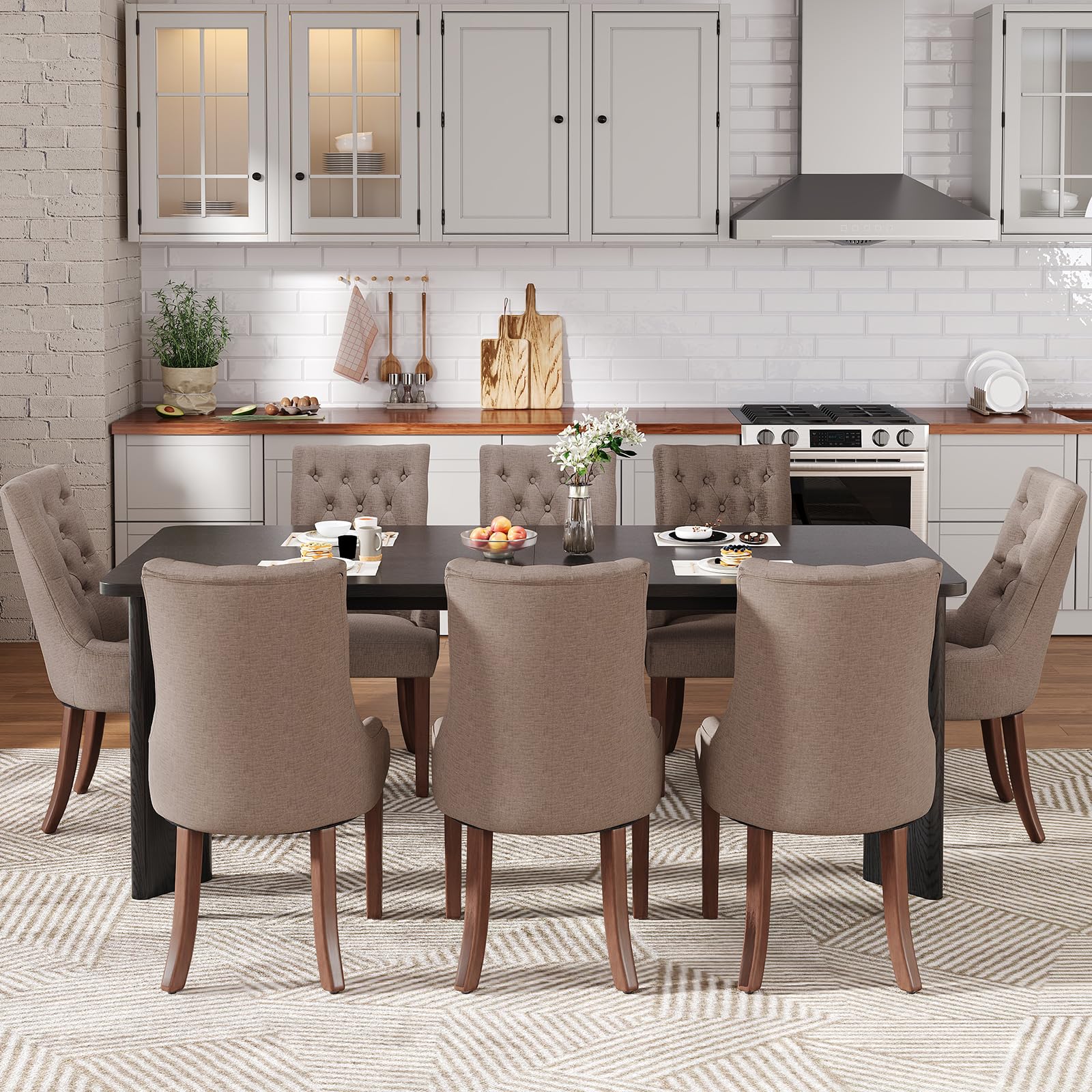 MALOL 9-Piece Rectangular Dining Table Set for 8, 63" Industrial Kitchen Table with 8 Tufted Parsons Dinner Chairs for Dining Room, Kitchen, Living Room, Black+Camel