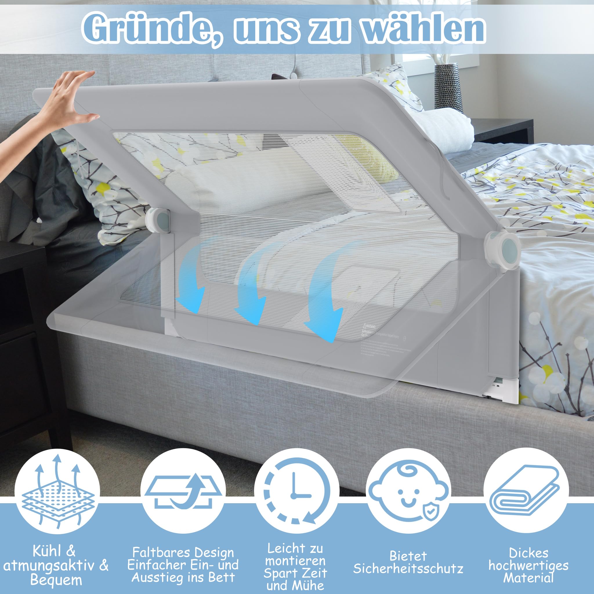 NAIZY Rausfallschutz Bett Rail 180cm Klappbar Bettgitter Baby mit Aufbewahrungstaschen, Bettschutzgitter Höhenverstellbar Kinderbettgitter für Kinderbetten, Elternbetten (Grau)