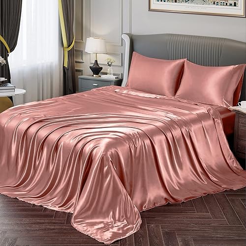Miniatura 9 de Dainty Homes Seda satinada suave de tamaño King (juego de ropa de cama de 5 piezas, muchos más colores), seda satinada rosa, edredón, juego de