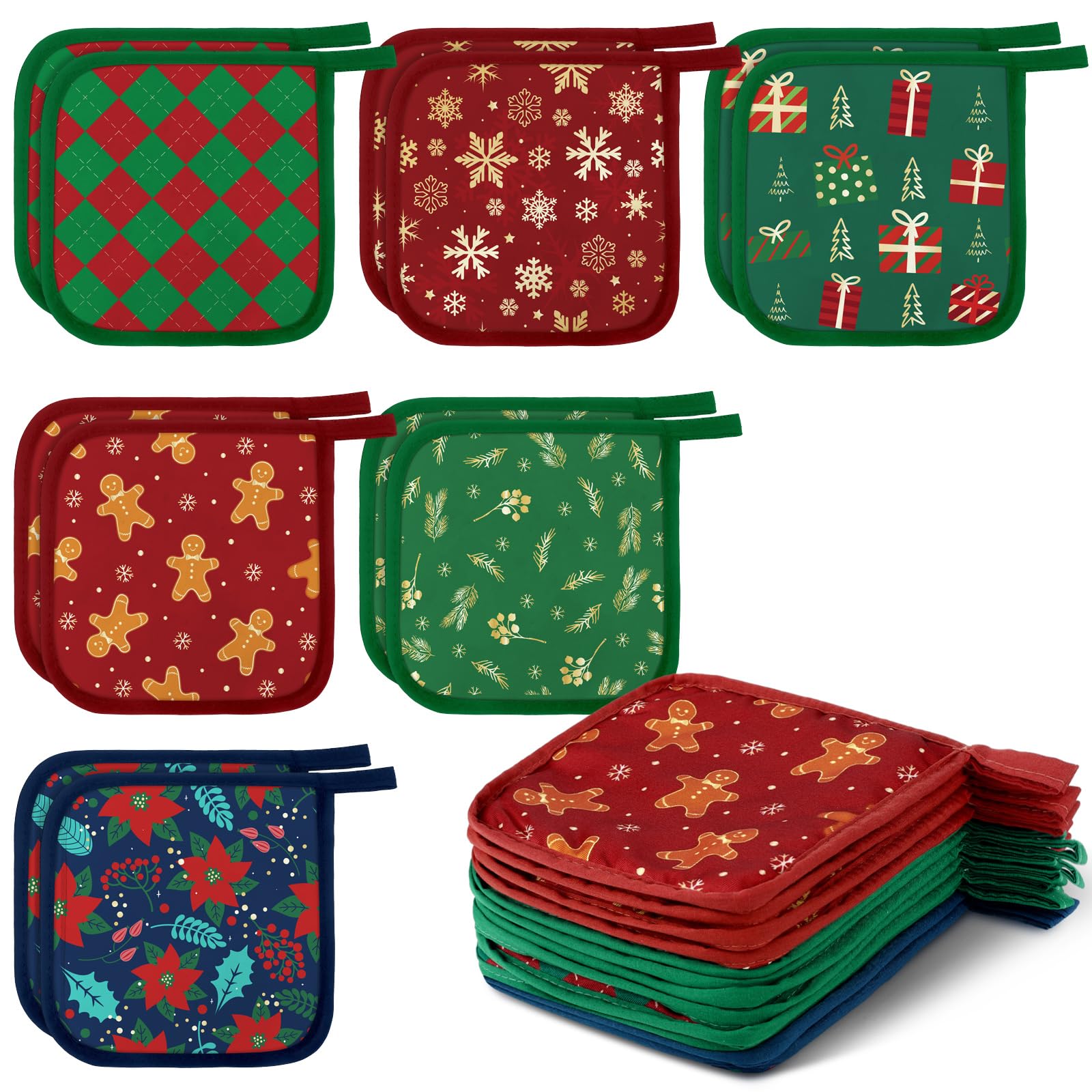 Bencailor 12 Pcs Christmas Pot Holders with Pocket, Red and Green