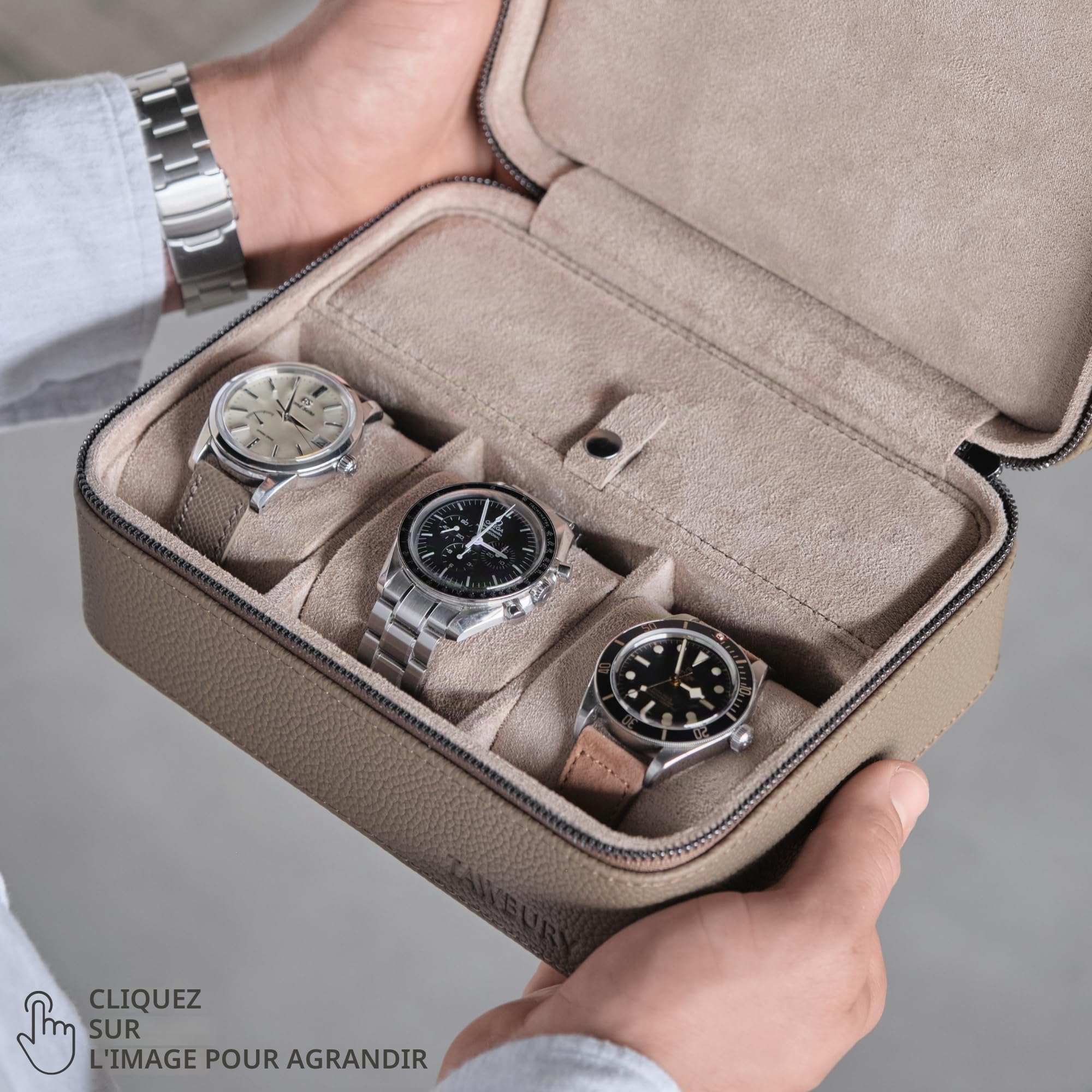 TAWBURY Boîte de rangement portable à 3 emplacements pour montres pour la maison et les voyages avec coussins extra larges pour grandes montres et compartiment pour rangement d'accessoires (taupe)
