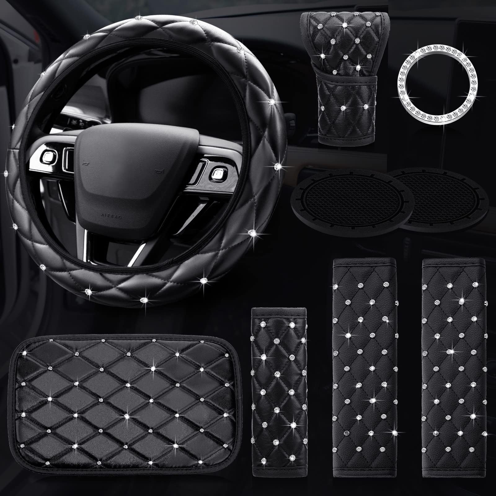 9 Pcs Bling Car Accessories Set for Women, Diamond Steering Wheel Cover, Rhinestone Center Console Pad Seat Safety Belt Pad Handbrake Cover Gear Shift Stick Protector Car Emblem Ring(Black)
