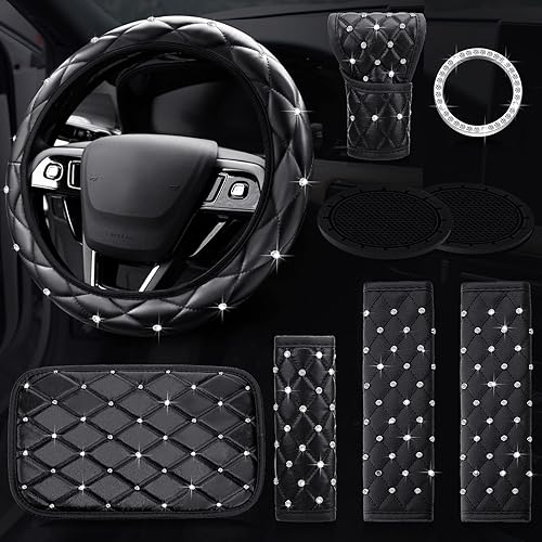 Miniatura 8 de Juego de 9 piezas de accesorios de automóvil brillantes para mujer funda de volante de diamante almohadilla de consola central de diamantes de
