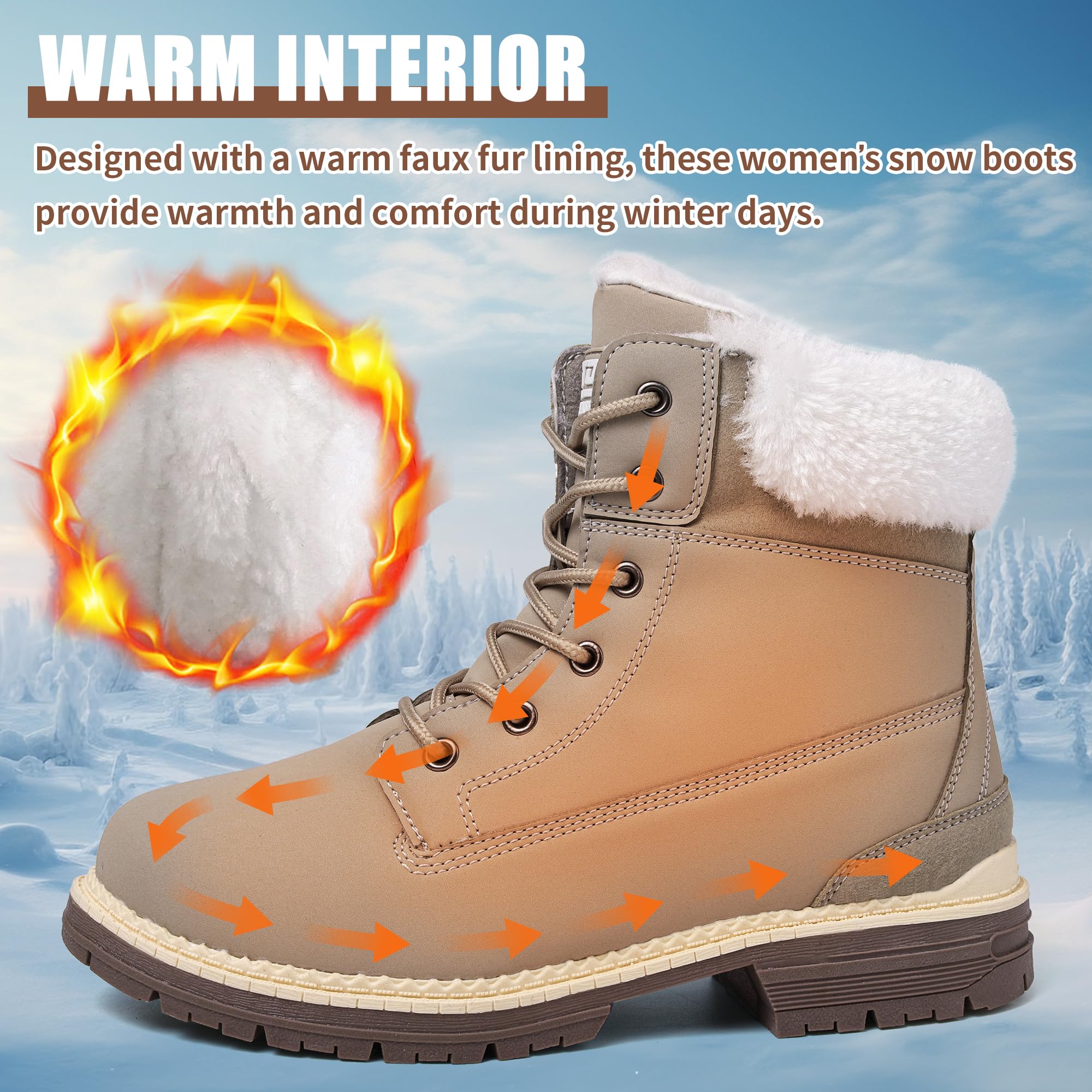 Botas de invierno para mujer, botas de nieve impermeables, con forro de piel, botas de senderismo cálidas para mujer, botas de senderismo con cordones, antideslizantes, ligeras, botas de
