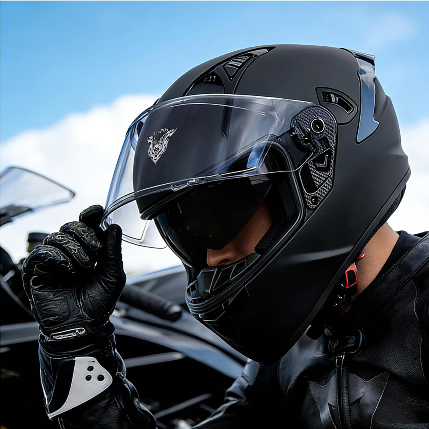 VCOROS Full Face Dual Visor Motorcycle Helmet for Adults Motorbike Street Bike Racing Helmets X9 DOT Approved with Black Visor - Image 8