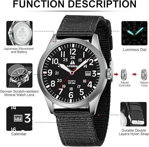 Miniatura 4 de LN LENQIN Relojes para hombre, unisex, militar, deportivo, correa de nailon, elegante, luminoso, analógico, de cuarzo, para hombre, impermeable