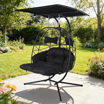 Double Egg Chair Outdoor with Stand & Canopy, 2 Person Hanging Egg Chair with Footrest, Oversized Rattan Wicker Egg Swing Chair for Patio Backyard Garden, 660Lbs, Black