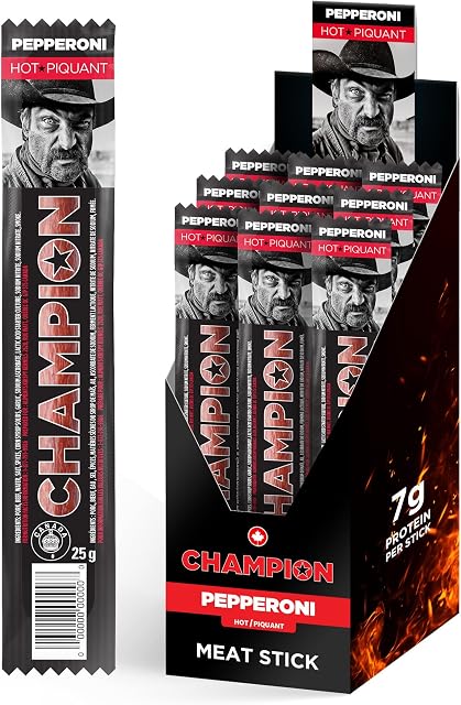 Champion Pepperoni Sticks, Hot and Spicy, Pack of 24 | Individually Wrapped, Perfect Lunch Snacks, Meat Sticks, Proudly Made in Canada
