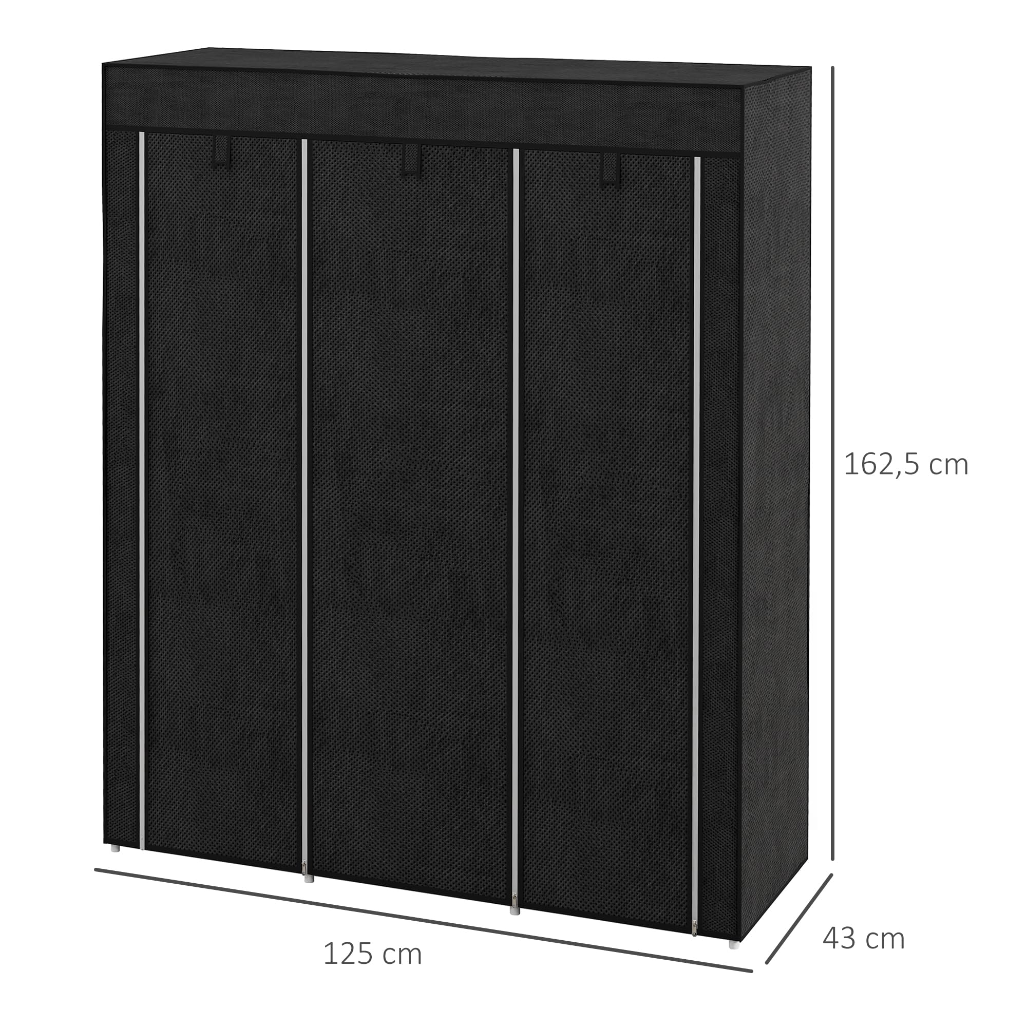 HOMCOM Armario de Tela Plegable, Armario Portátil con 2 Barras para Colgar, 8 Estantes, Marco de Acero, para Dormitorio, Vestidor, 125x43x162,5 cm, Negro