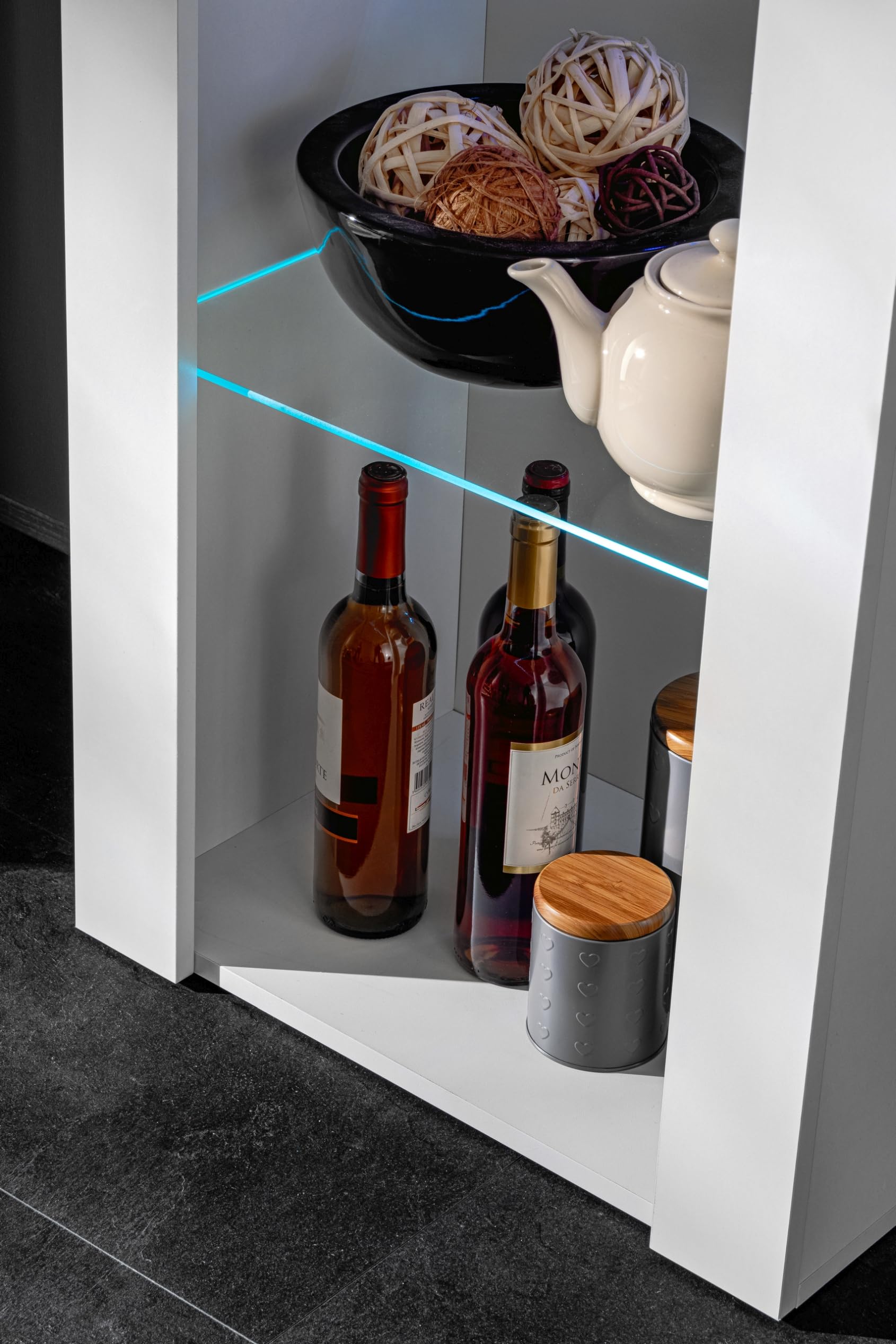 Komodee, Vetrina Tivoli, Bianco, Larghezza 55 cm x Altezza 159 cm x Profondità 35 cm, LED BLU, 3 ripiani, Per soggiorno, Camera da letto, anticamera