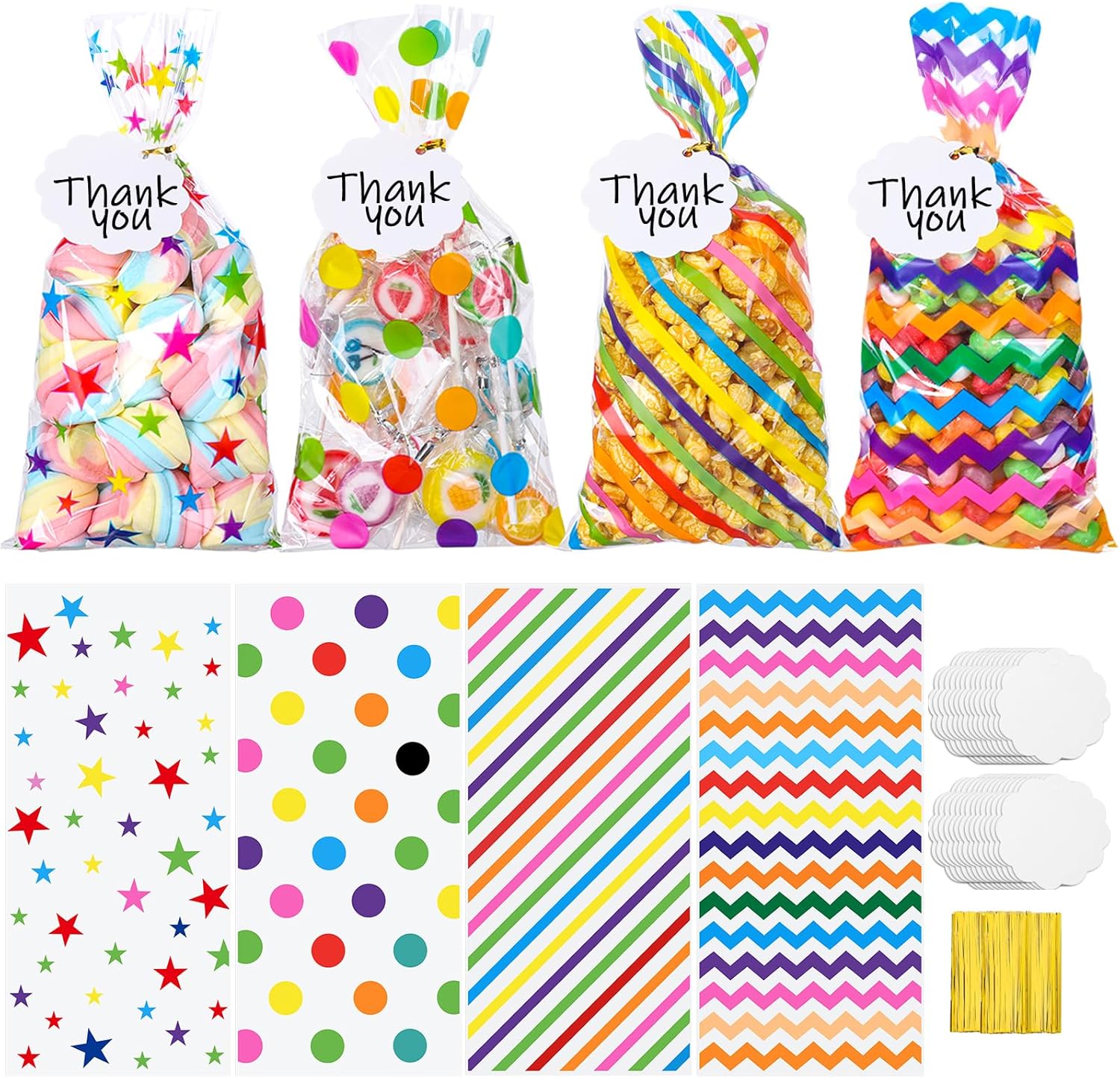 woric 100 Set Rainbow Cellophane Treat Bags 5 x 10.6 Inch Clear Candy Party Favor Bags with 100 Gift Tags and Twist Ties for Rainbow Colorful Party Easter Baby Shower Decorations
