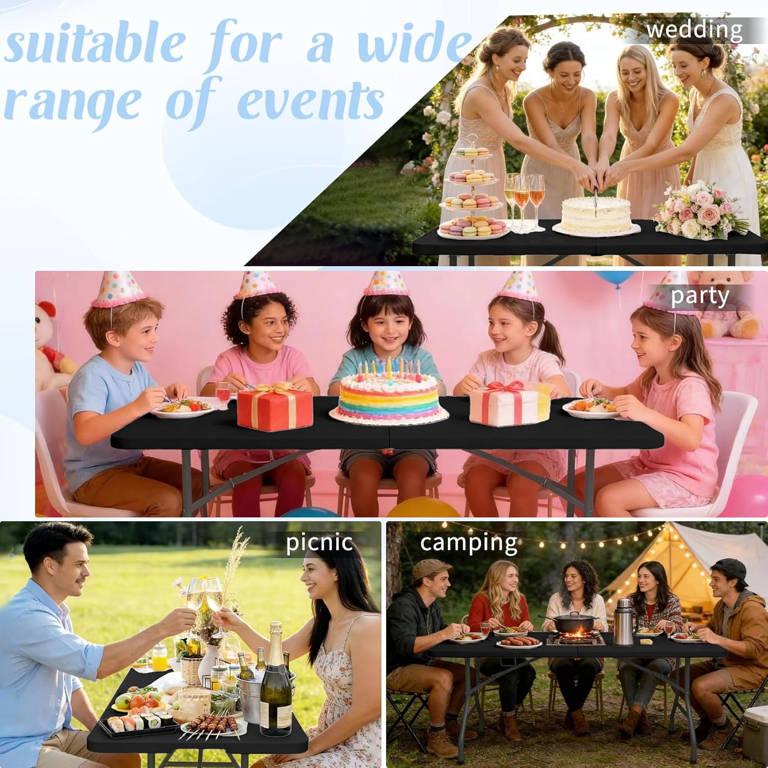Fivenl 2 Pack 6 Feet Portable Folding Table Black, Steel Legs Fold-in-Half with Carrying Handle Rectangular Plastic Foldable Table for Party, Wedding, Camping, Picnic, Dining, Indoor Outdoor Events