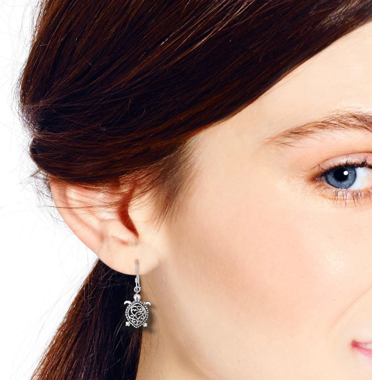 Detailed Swirl Pacific Turtle .925 Sterling Silver Dangle Earrings