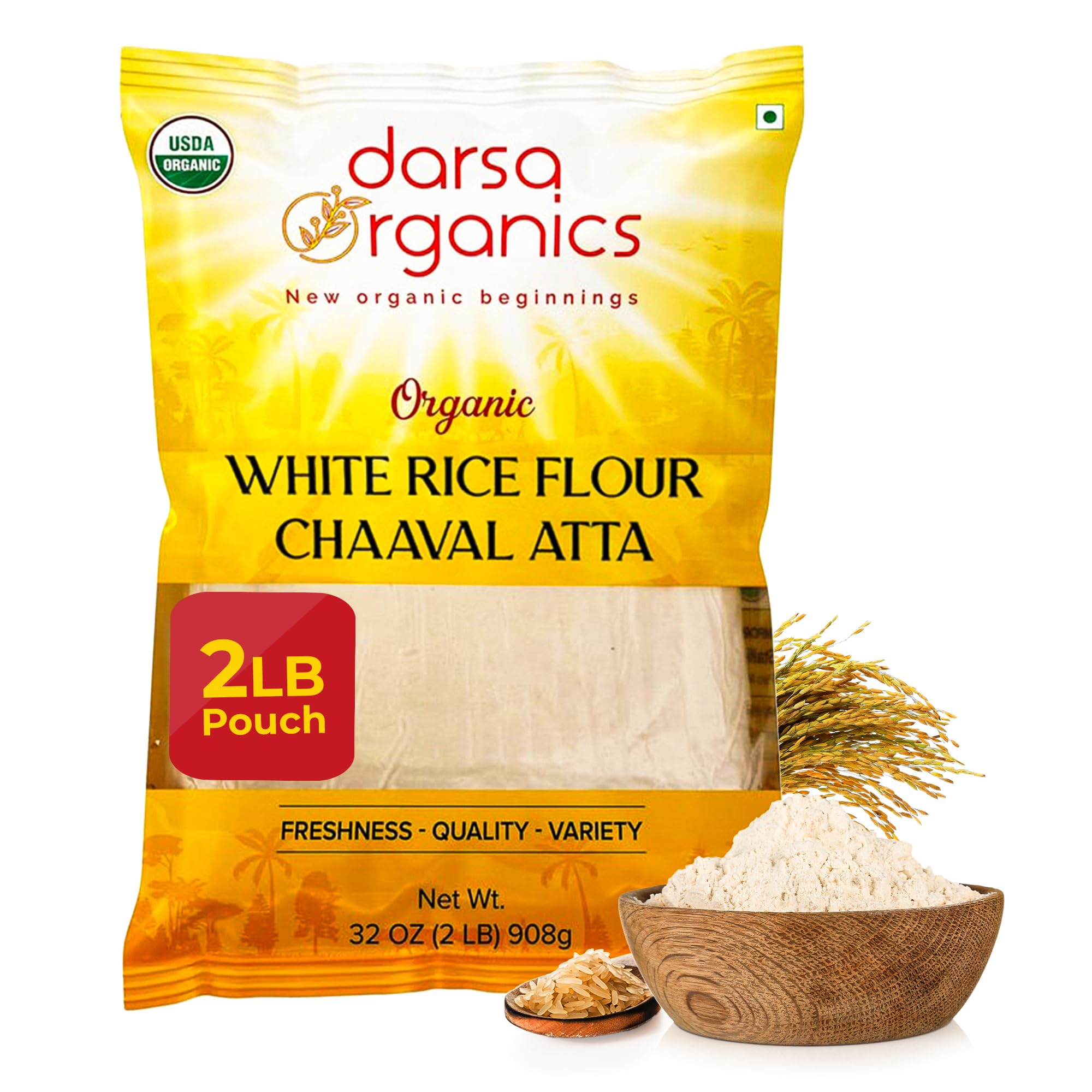 Darsa Organics White Rice Flour - Premium Organic, USDA Certified, Non-GMO, Gluten-Free Rice Flour Powder for Baking & Cooking, Chemical-Free, Long Shelf Life, Food Grade Pouch - 2 lb (908g)