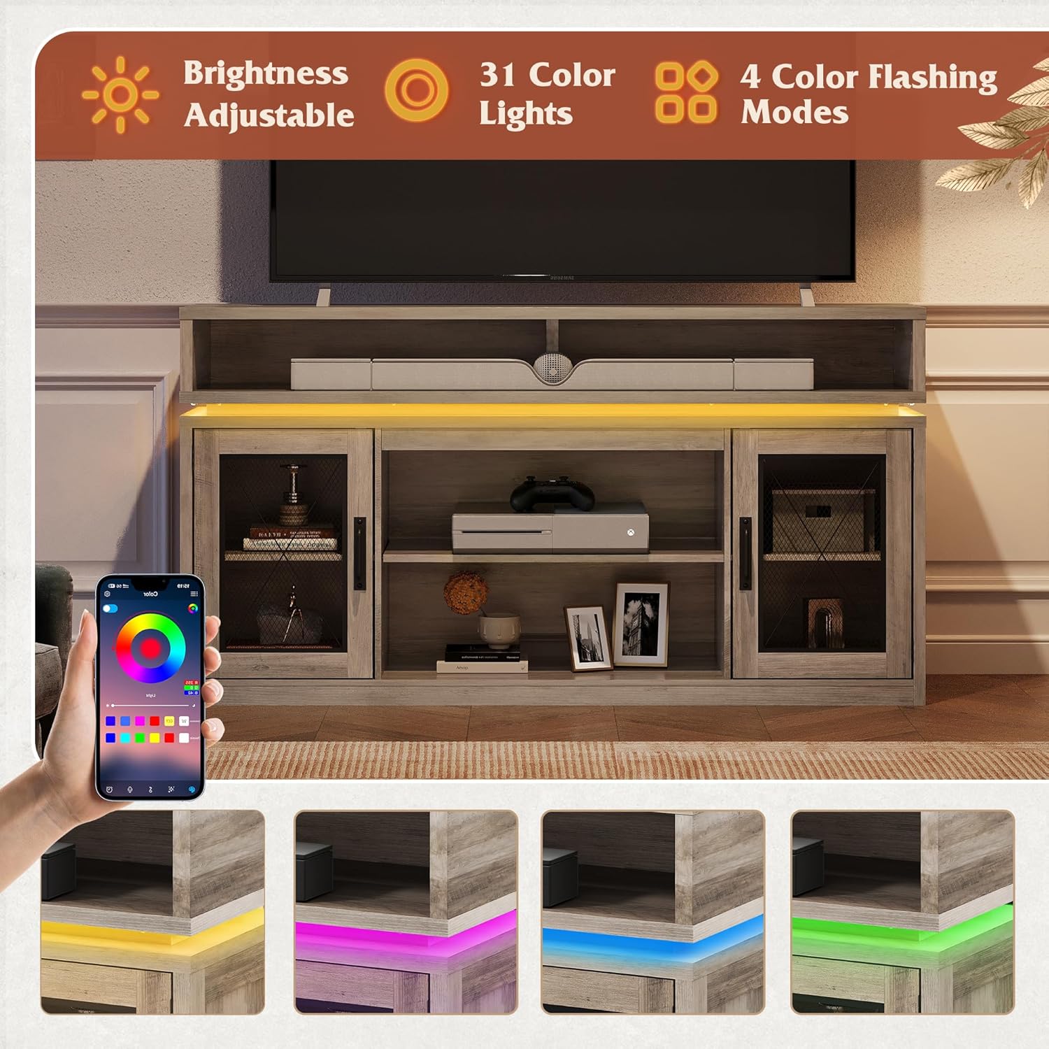 WLIVE Farmhouse TV Stand for TVs Up to 65 Inches, Tall Entertainment Center with Storage Cabinets & LED Lights, Media Console for Living Room, Bedroom, Home Theater, Gray Oak