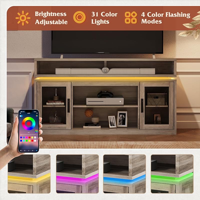 WLIVE Farmhouse TV Stand for TVs Up to 65" with LED & Top Shelf, Gray Oak image 4