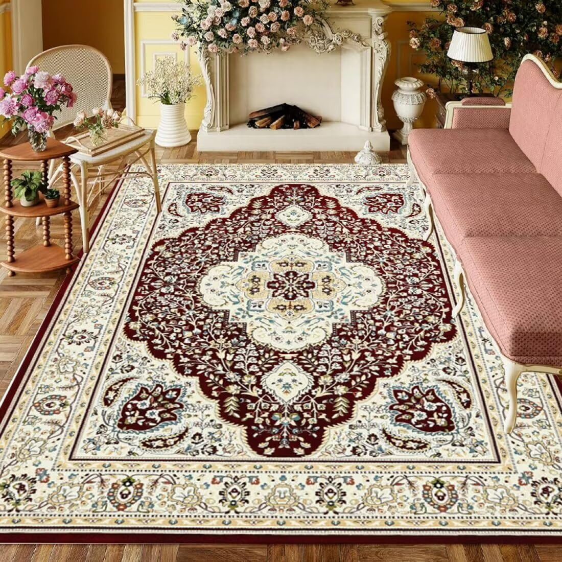 Tapis de couloir 120x180cm rouge motif plantes douces pour salon moderne