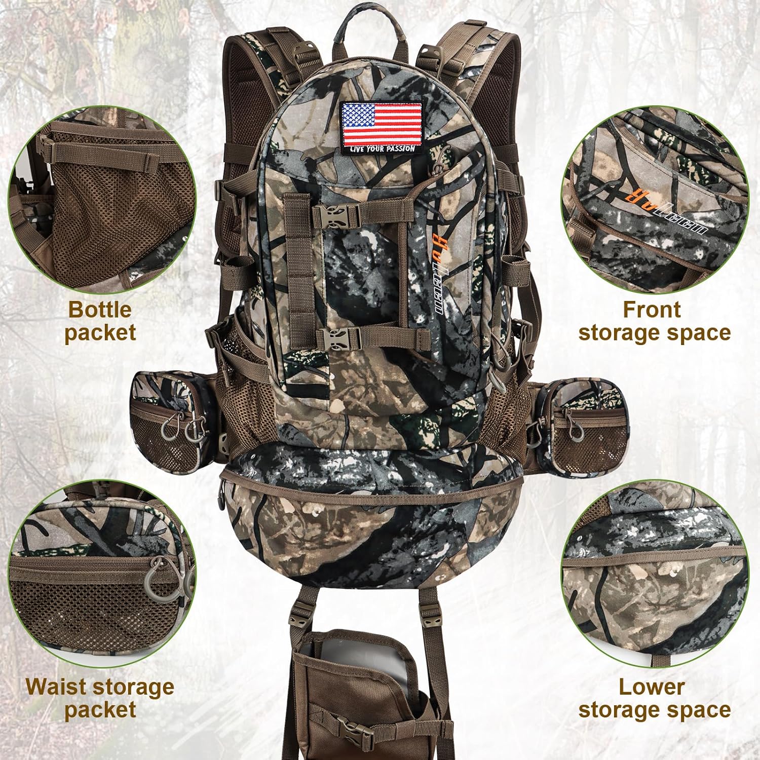 YVLEEN Hunting Backpack, Durable Camo Hunting Packs for Men, Large Capacity Hunting Day Pack for Rifle Bow Gun - Image 4