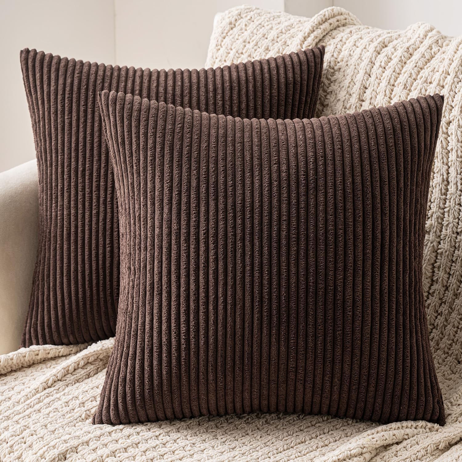 Miulee Chocolate Set Of 2 Striped Corduroy Square Throw Pillow Case Soft Cushion Covers Sham Home For Sofa Couch/Bedroom Decorative Fluffy Large Pillowcases 16X16 Inch 40X40cm