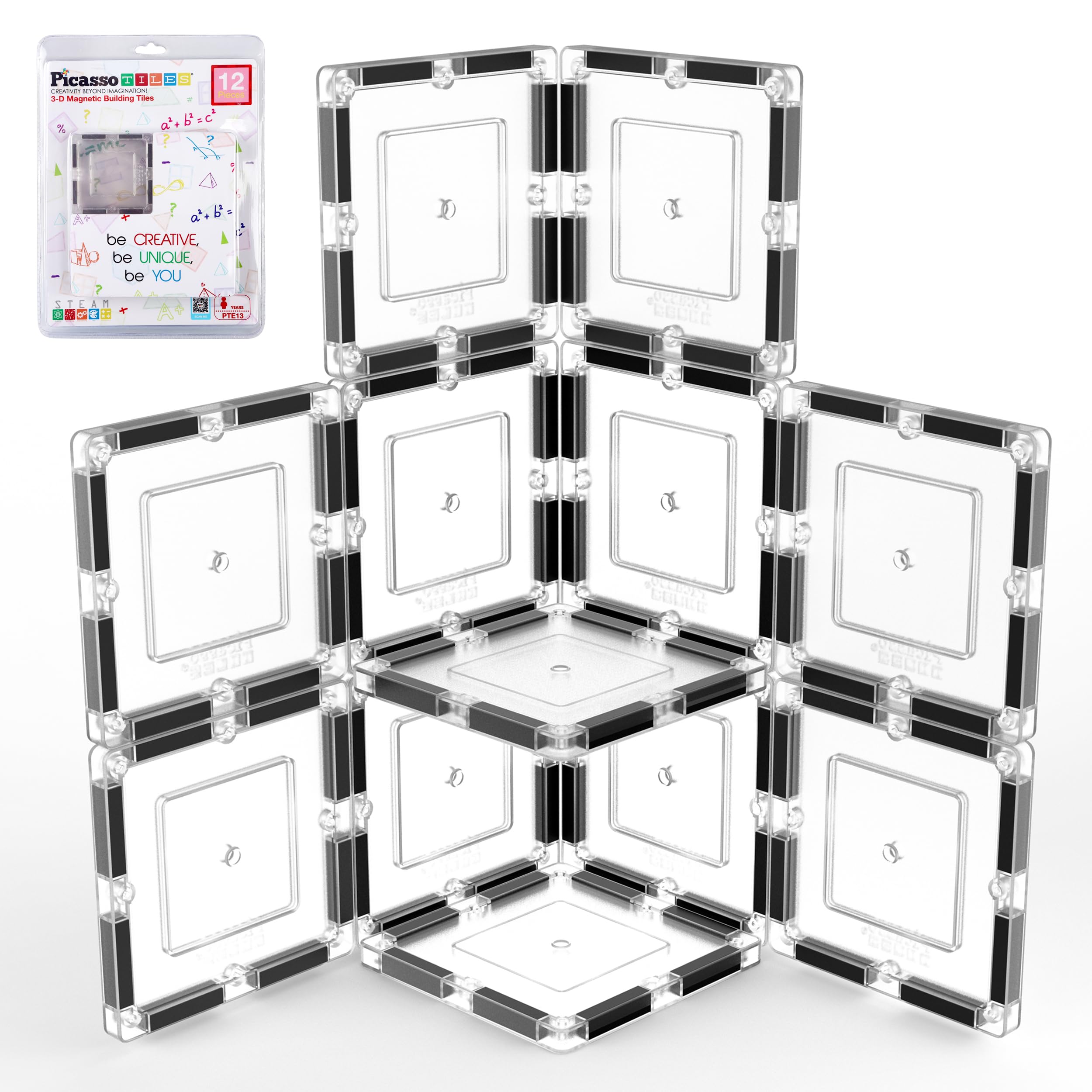 PicassoTiles Clear Transparent Magnetic Tile Expansion Set STEM Educational Construction Toy Kit for Kids Age 3 Plus Magnet Building Blocks Preschool Learning Creativity and Skill Development PTE13