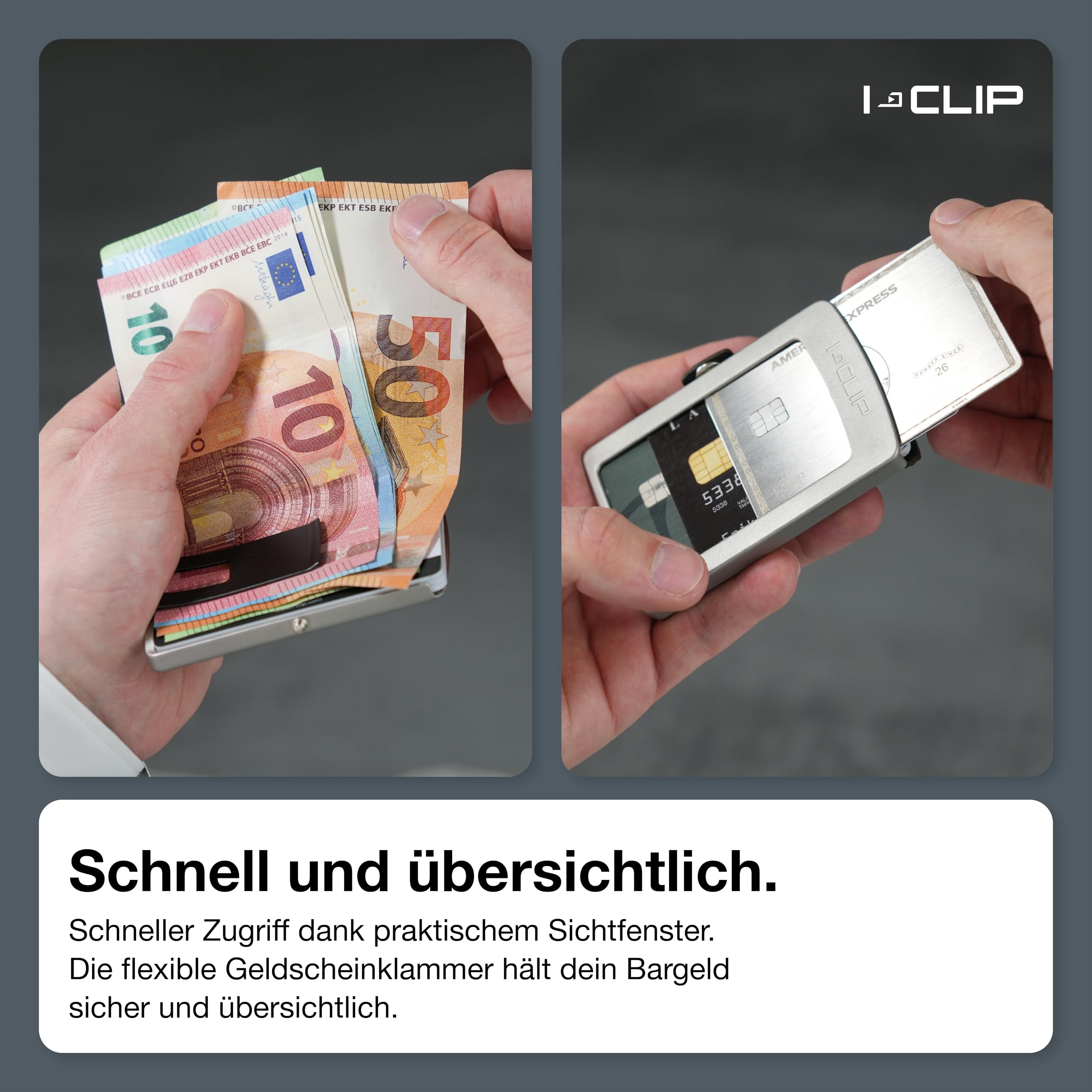 I-CLIP Edelstahl für Apple AirTag mit austauschbarer Geldklammer - Portemonnaie - Slim Wallet - Geldbörse kompatibel für Apple AirTag - Stahl satiniert Urban Grau