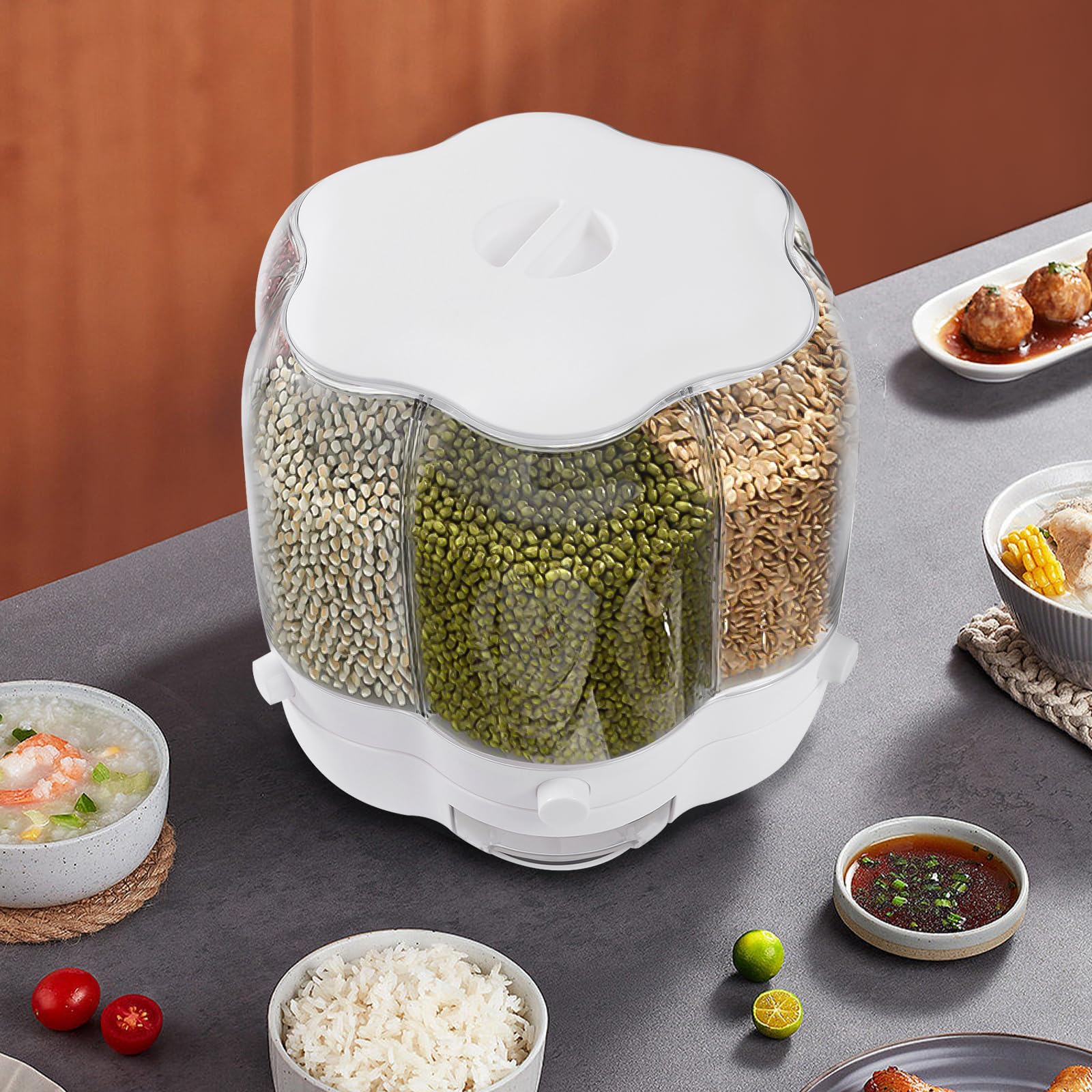 Dispenser girevole per cereali, 6 scomparti, girevole a 360°, trasparente, per farina di riso e noci in cucina e dispensa
