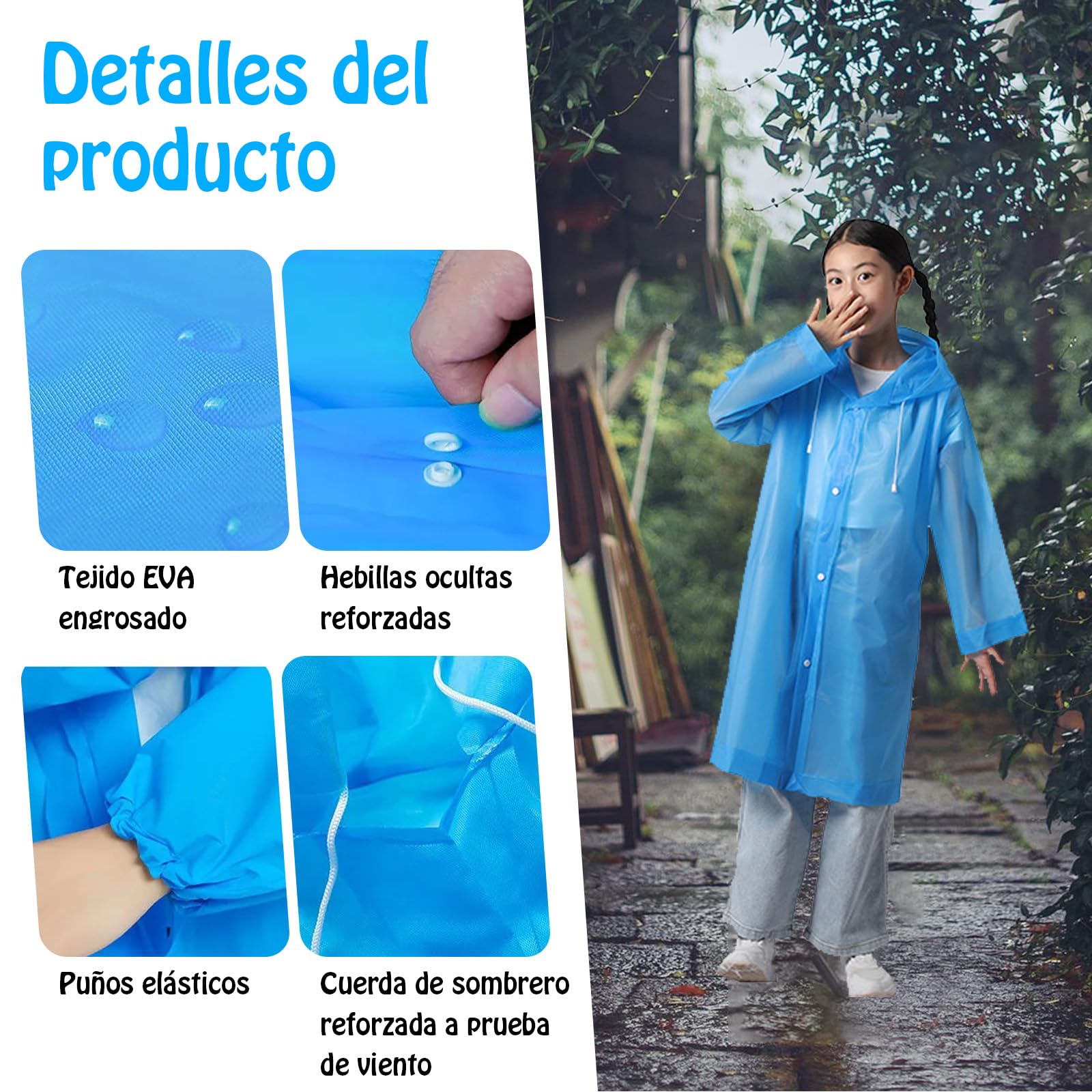 ZOCONE 3 Piezas Chubasquero Niño Reutilizable Poncho Impermeable Niño con Capucha y Botón, EVA Poncho Lluvia Capa de Chuva Criança Chubasquero Impermeable para Viajes, Senderismo, Camping