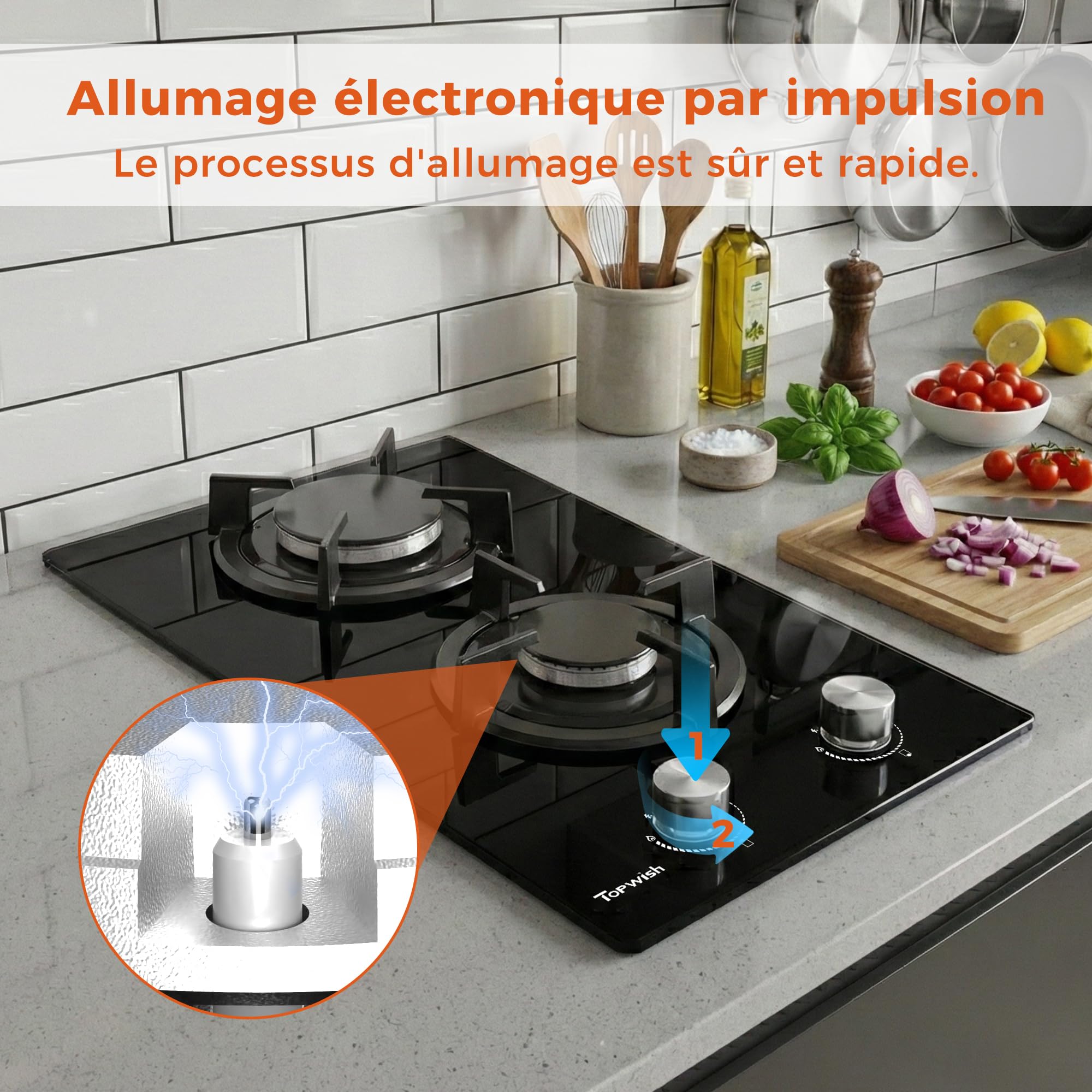 TOPWISH plaque de cuisson gaz 2 feux, plaque gaz 2 feux encastrable, table de cuisson 30cm, NG/LPG décapotable, protection d'extinction, allumage automatique, 4750 Watt