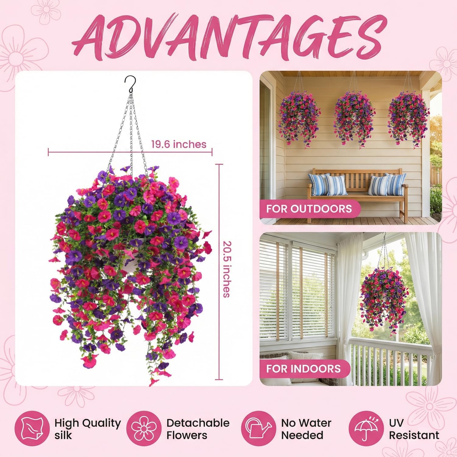 Faux Hanging Flowers Basket for Outdoor Decor,UV Resistant Fake Morning Glory Planter with Realistic Silk Artificial Flowers for Porch/Balcony/Patio/Garden Spring Summer Decoration(Rose Red,Purple)