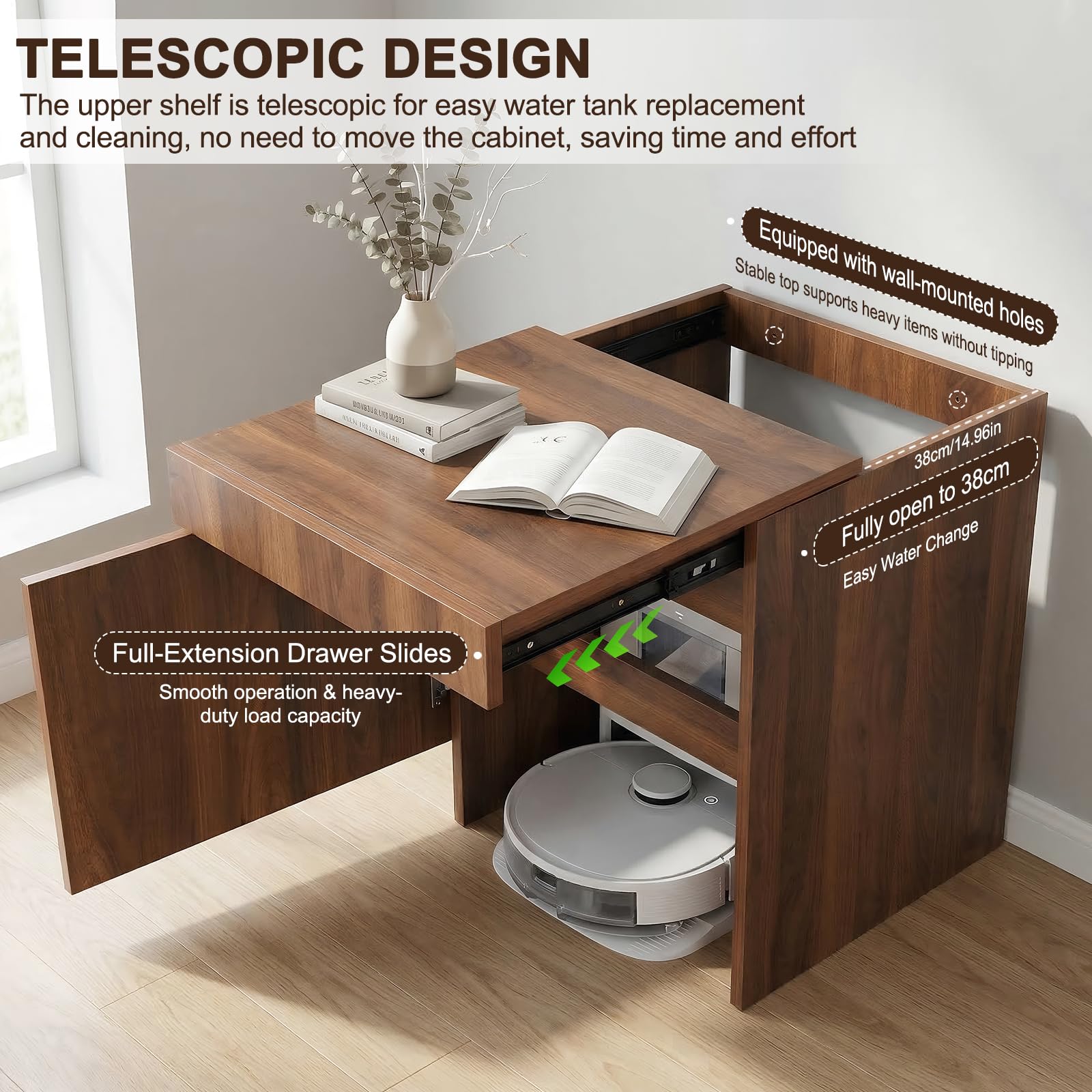 Robot Vacuum Storage Cabinet with Doors Robot Vacuum Cabinet with Pull-Out Top Wood Freestanding Rack for Small Space Bedroom Kitchen Office Home