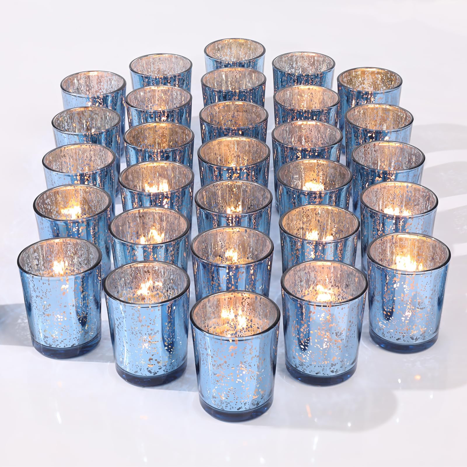 LETINE Blue Votive Candle Holders Set of 36 - Blue Mercury Glass Candle Holders for Wedding & Baby Shower Decor - Ideal Tea Lights Candle Holders - Blue Bridal Shower & Centerpieces for Tables