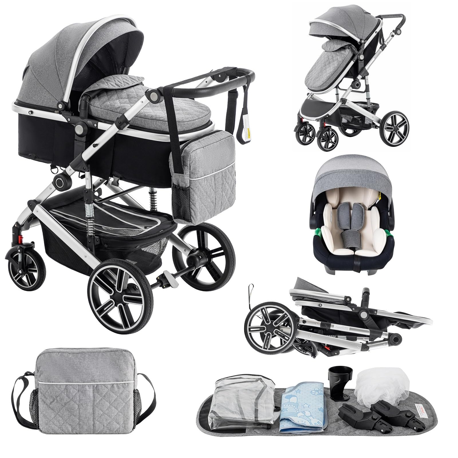 Lnhcrbs Kinderwagen 3 in 1, Kinderwagenrahmen aus Aluminium, Korb-Stoff 600D, Kinderwagen-Set faltbar, inkl. Regenschutz & Moskitonetz, geeignet für 0-48 Monate (22 kg), Grau