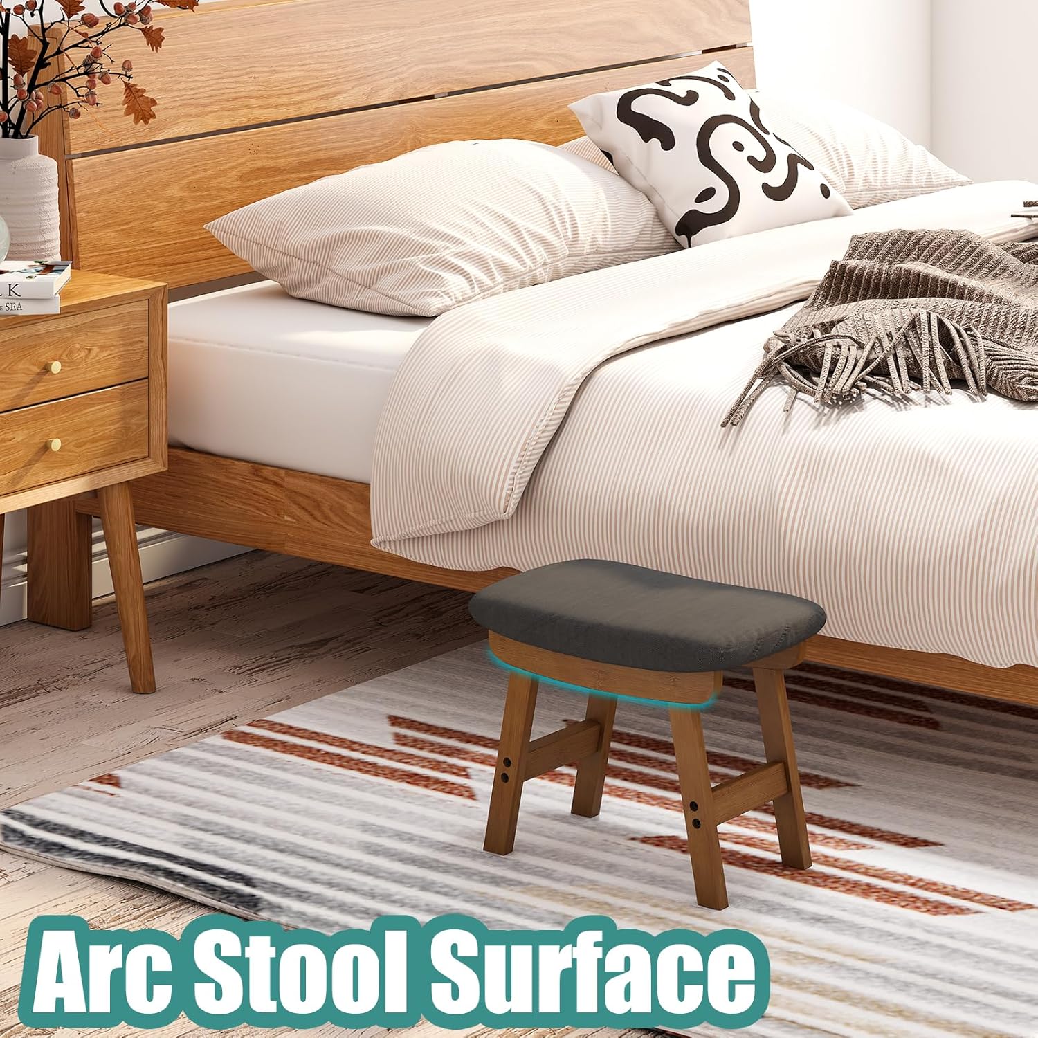 viewcare Gray Foot Stools Ottoman, Small Soft Footrest Ottoman with Wood Legs, Wood Foot Stool for Living Room, Bedroom, and Kitchen