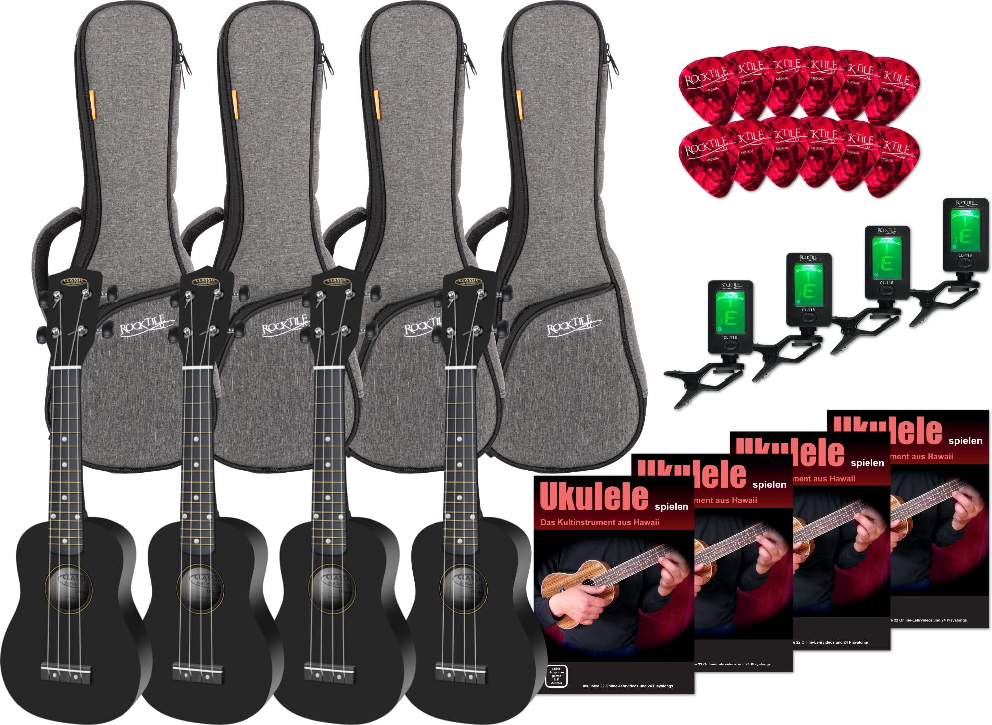 Ukulele Set für Kinder und Einsteiger – Sopran Ukulele Schwarz mit Tasche Stimmgerät Lernbuch Plektren Komplettset für Grundschule Musikunterricht Früherziehung Anfänger leicht spielbar Schwarz