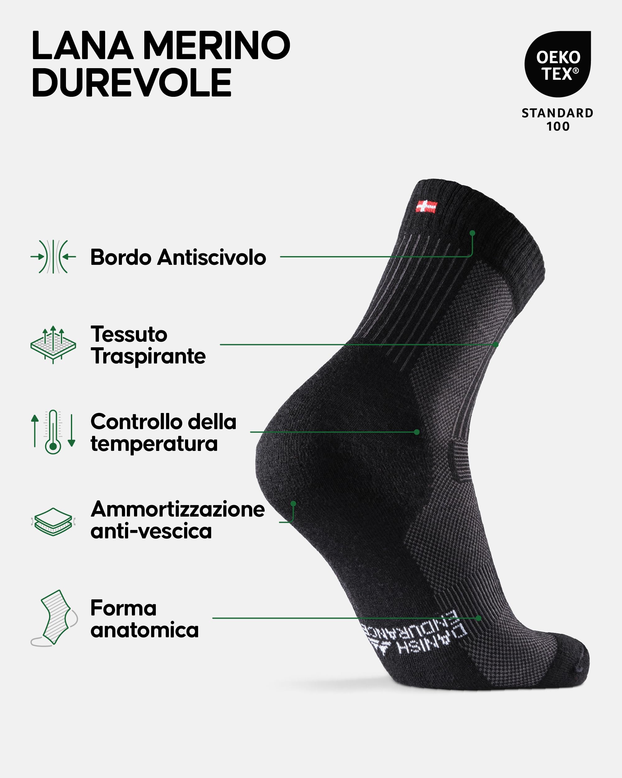 DANISH ENDURANCE Calze Trekking Lana Merino, Calze Termiche Anti-Vesciche, Traspiranti, Calzini Invernali Escursionismo Unisex, 1 o 5 Paia