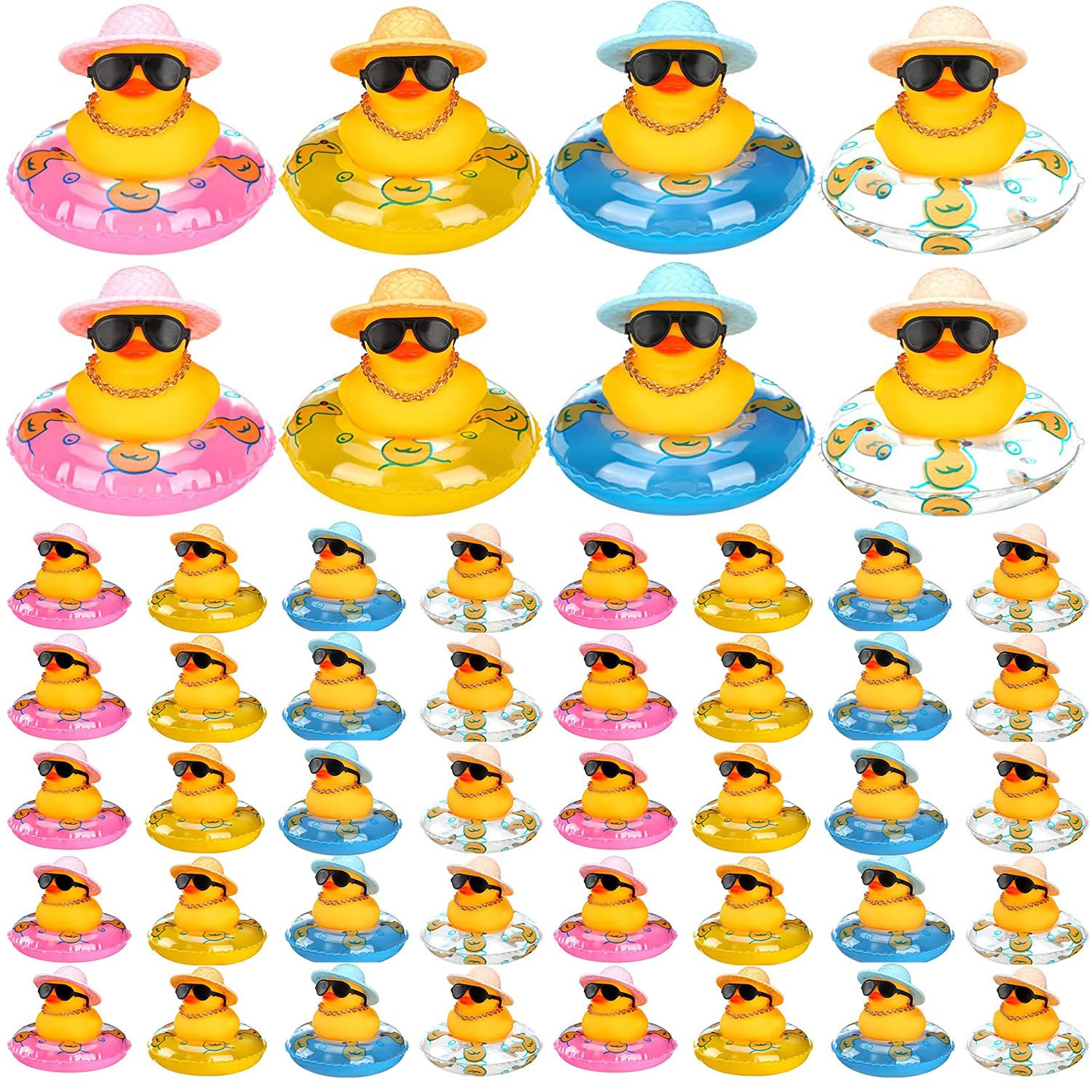 Jerify 48 Pieces Rubber Ducks Hawaiian Rubber Duck 2 Inch Summer Beach Funny Yellow Duck with Beach Bag for Adults Birthday Theme Party Favor Shower