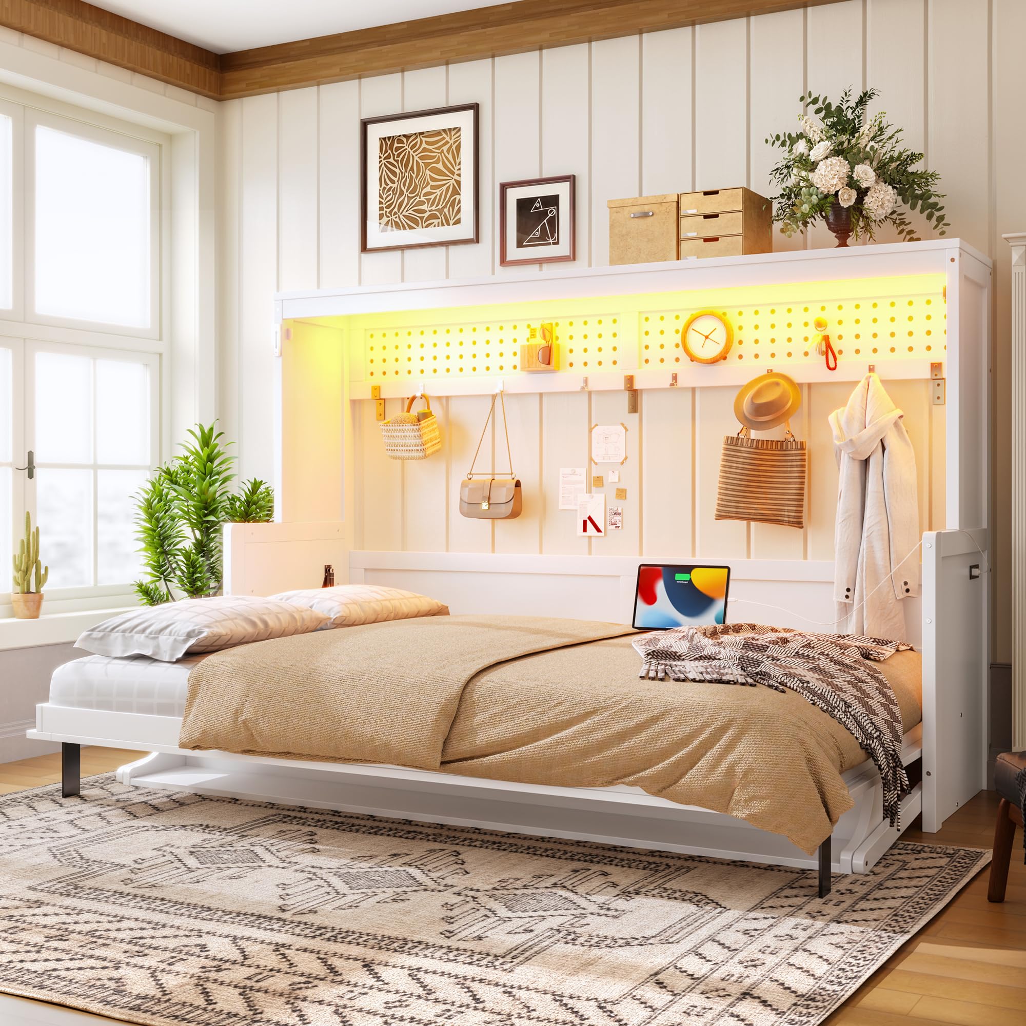 Photo 1 of **Sold as is no refund/return** KEIKI Full Size Horizontal Cabinet Murphy Bed with Desk & USB Charging Station, Foldable Hideaway Wall Bed Frame with Solid Slats, No Box Spring Needed, Easy Assembly, for Bedroom, Guest Room, White