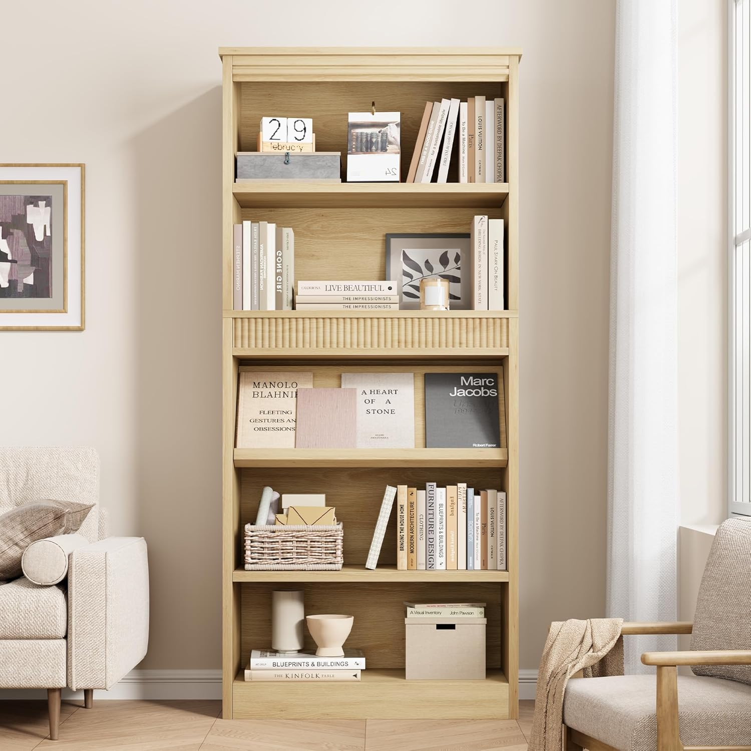 GarveeHome 71 in Farmhouse Bookcase w/Display Rack & Fluted Design, 5 Tier Tall Bookshelf with Wooden Base, Wood Bookshelf Vintage Book Shelf for Office Library (Nature, 71.5" H x 30.7" W x 11.9" D)