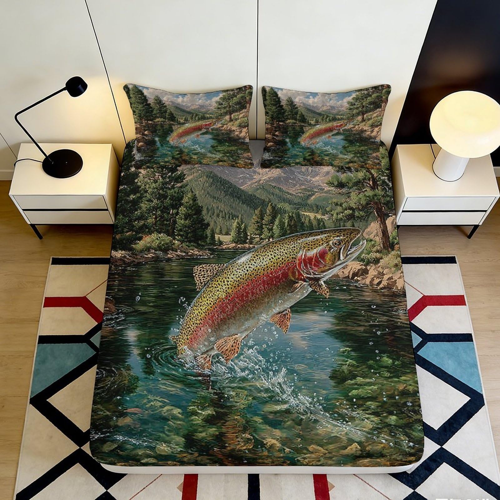 3D Printed Jumping Trout Lake Fitted Sheet Microfiber Soft Forest River Bed Cover for Bedroom Guest Room Decor 90x200x25cm