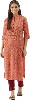 Monira Women'P Orange Pure Cambric Cotton Jaipuri Block Printed Kurti (MONJPR68C-P)
