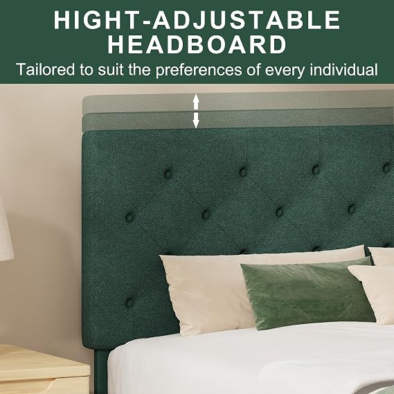 HOMBCK Double Bed Frame, 135 x 190 cm, with Adjustable Upholstered Headboard, Heavy Duty 256kg Weight Capacity, Easy Assembly, No Box Spring Needed, Green
